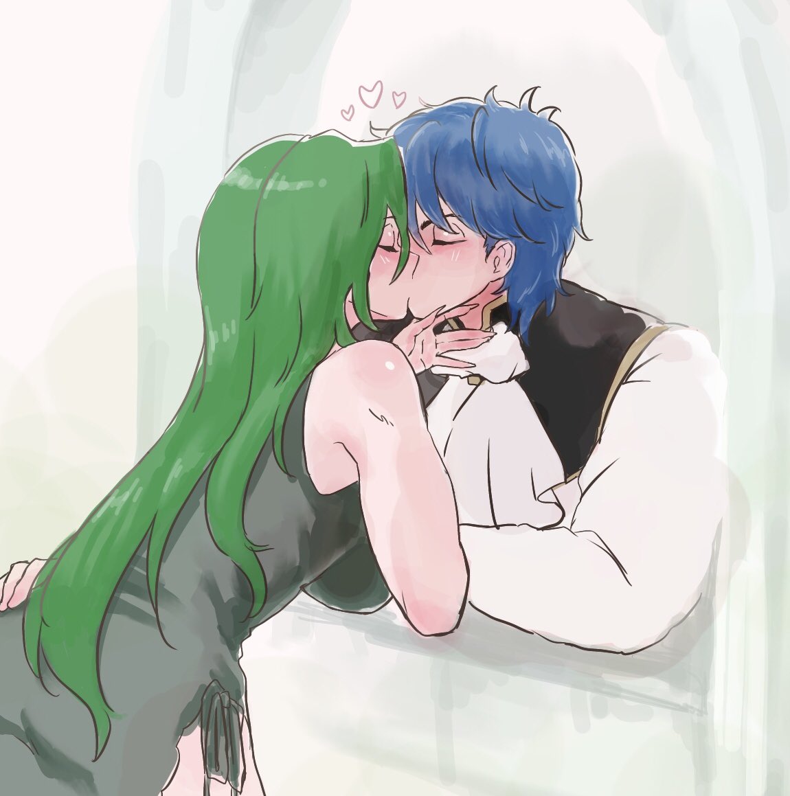 1boy 1girls annand_(fire_emblem) ass bent_over big_ass blue_hair breasts closed_eyes dress female fire_emblem fire_emblem:_genealogy_of_the_holy_war green_hair kissing large_breasts long_hair male nintendo short_hair sigurd_(fire_emblem) ta_dasu_(tadasu_hayashi) very_long_hair window