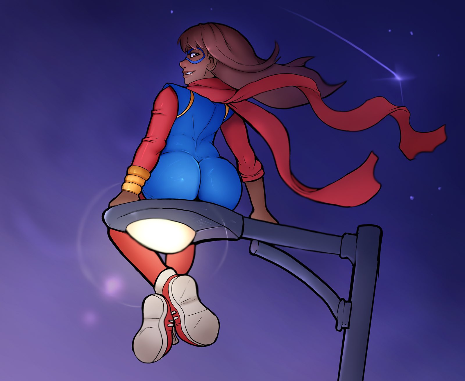 1girls, ass, ass focus, big ass, bubble ass, bubble butt, canonical scene, clothed, curvaceous, dark skin, dark-skinned female, female, female only, heroine, innocent, kamala khan, looking at viewer, looking back, markydaysaid, marvel, marvel comics, ms. marvel, muslim female, nerd, nerdy female, pakistani female, red scarf, scarf, superheroine, young