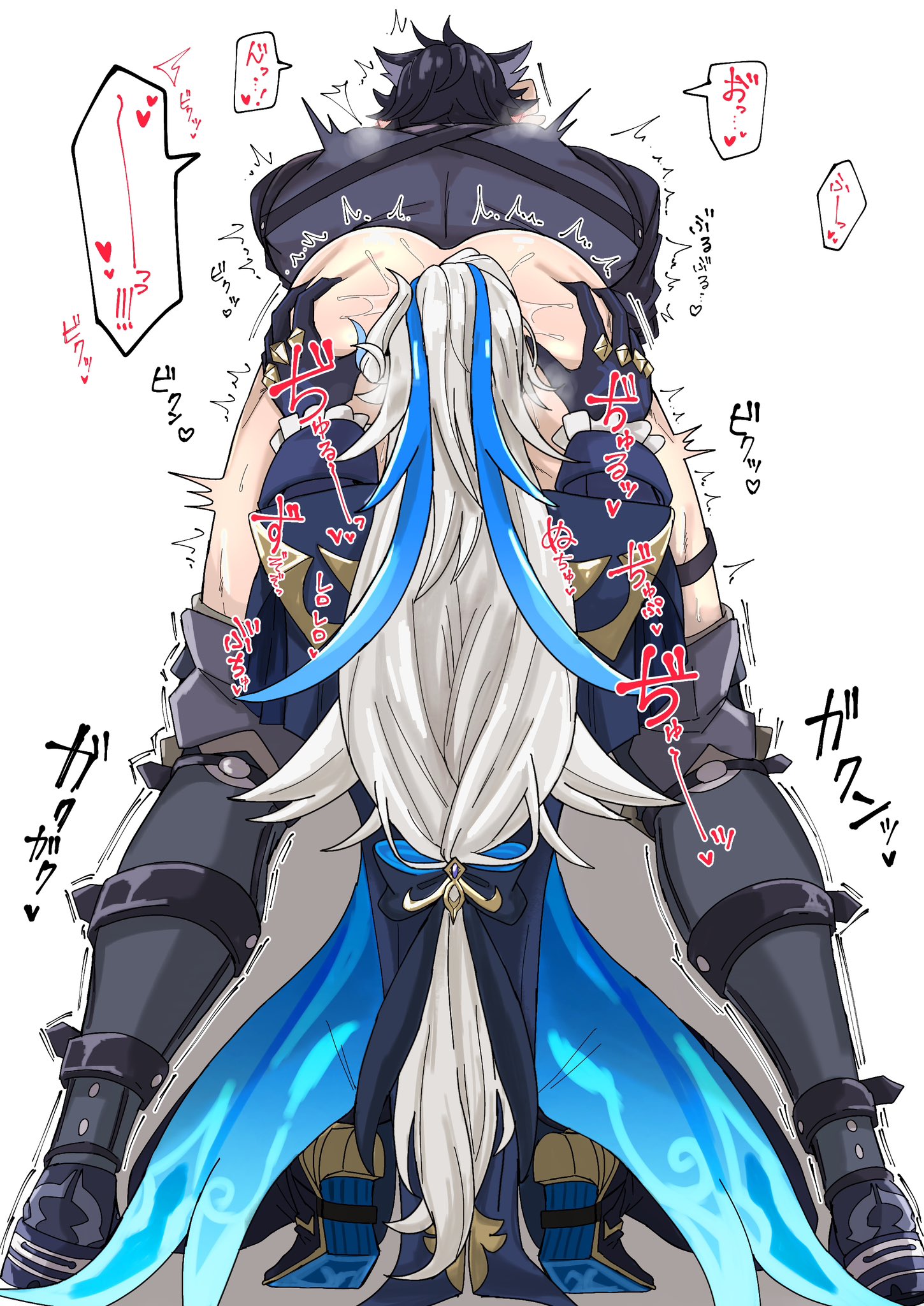 2boys, anilingus, ass, big ass, big ass (male), big butt, big butt (male), eating ass, gay, genshin impact, groping ass, groping from behind, licking ass, long hair, male, male/male, moaning, neuvillette (genshin impact), shivering, speech bubble, turu7271ten, wriothesley (genshin impact), yaoi