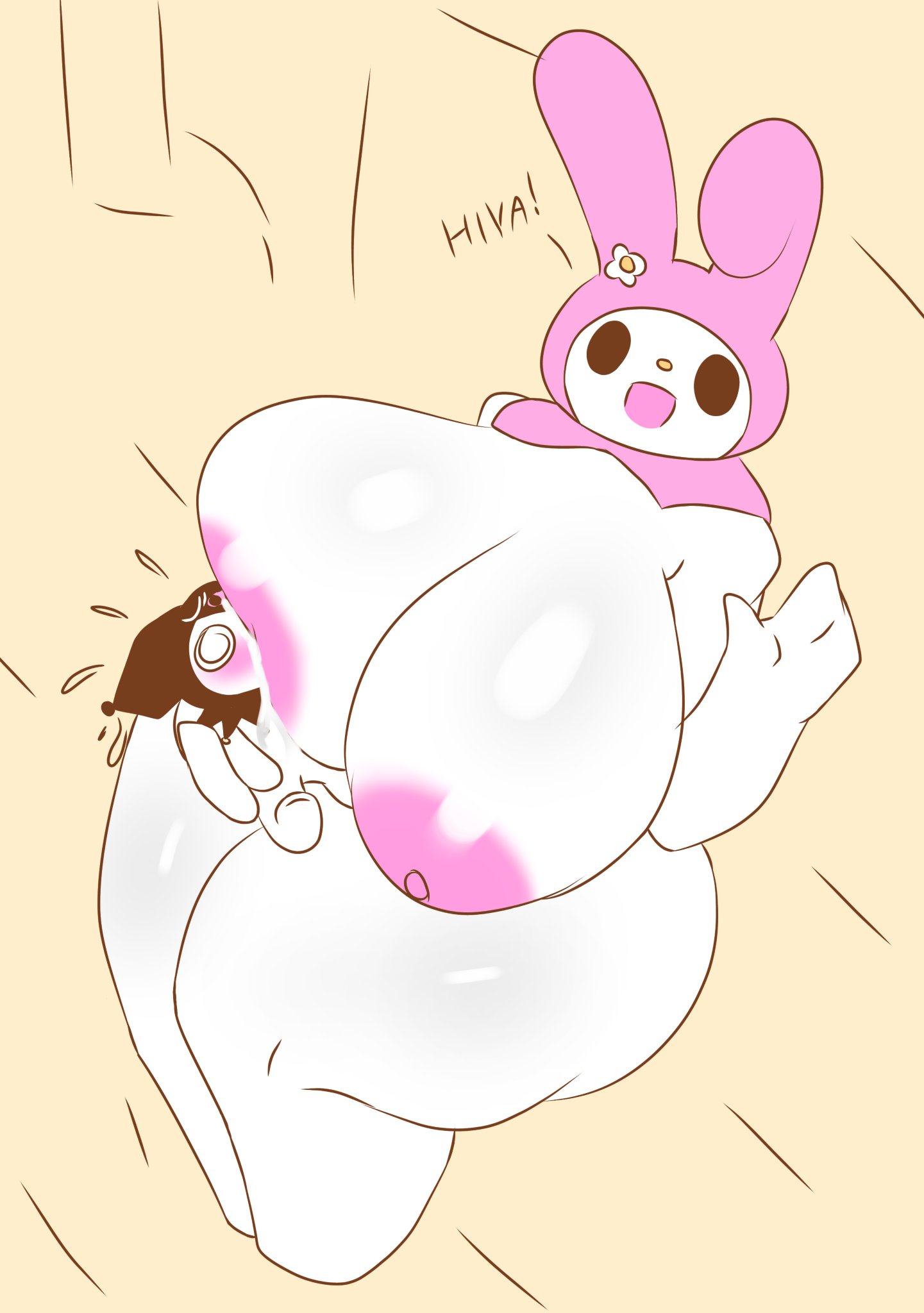 2girls, adorable, ass, breast sucking, breasts, cute, female, huge ass, huge breasts, hyper breasts, kuromi, mommy, multiple females, multiple girls, my melody, onegai my melody, sanrio, simple background, size difference, smaller female, tagme, text, tha randomu