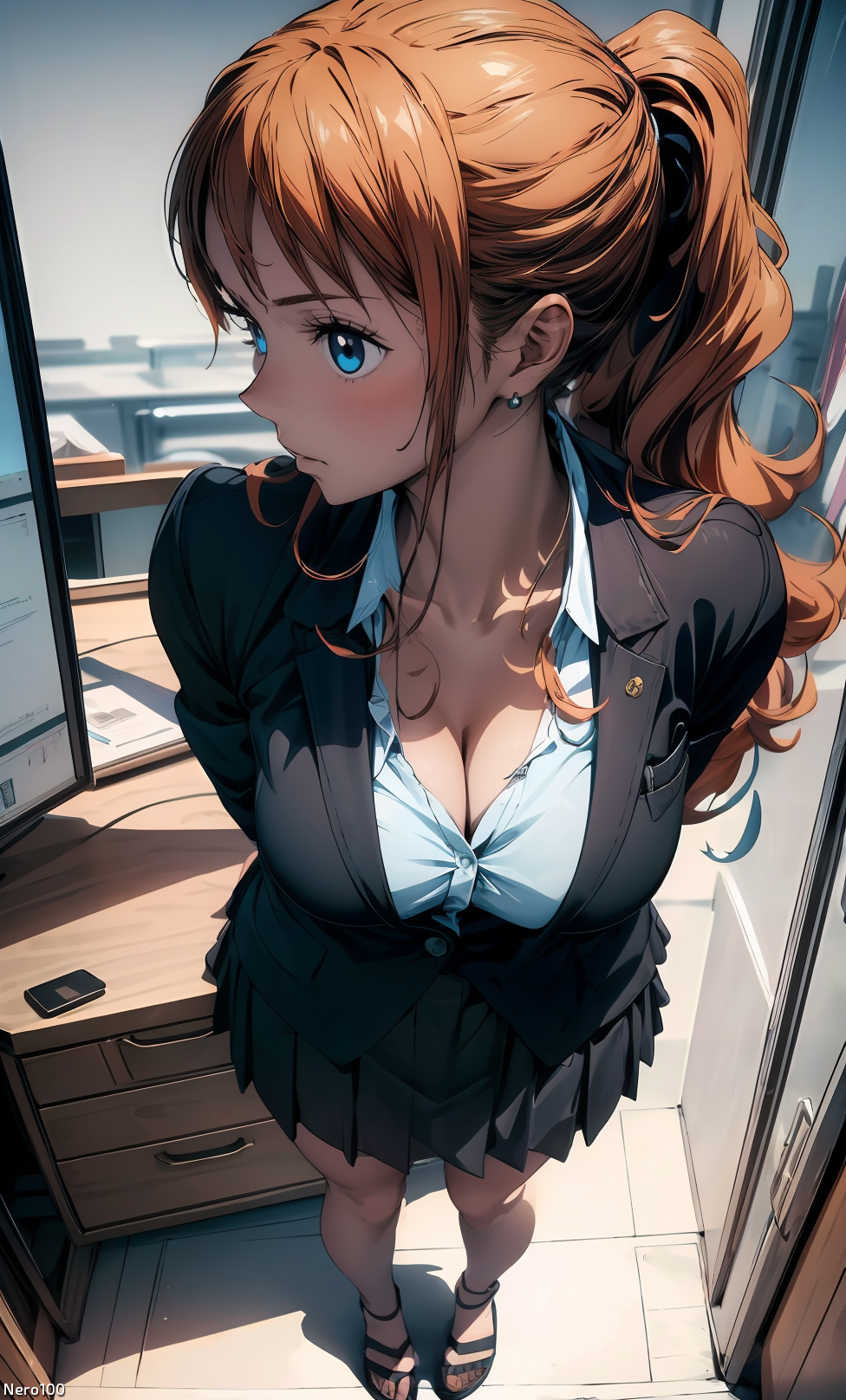 1girls, action pose, ai generated, angry, angry face, ass, athletic, athletic female, bare shoulders, big breasts, black skirt, blue eyes, blush, breasts, business suit, cosplay, curvy, curvy figure, detailed, eyelashes, female, female only, fit, fit female, ginger, high quality, huge breasts, indoors, jacket, large breasts, light skin, light-skinned female, lips, lipstick, long hair, looking at viewer, mascara, nami (one piece), office lady, one piece, orange hair, pale skin, pale-skinned female, posing, post-timeskip, seductive, seductive look, shirt, skirt, solo, stable diffusion, standing, tagme, thick ass, thick legs, thick thighs, white shirt, young