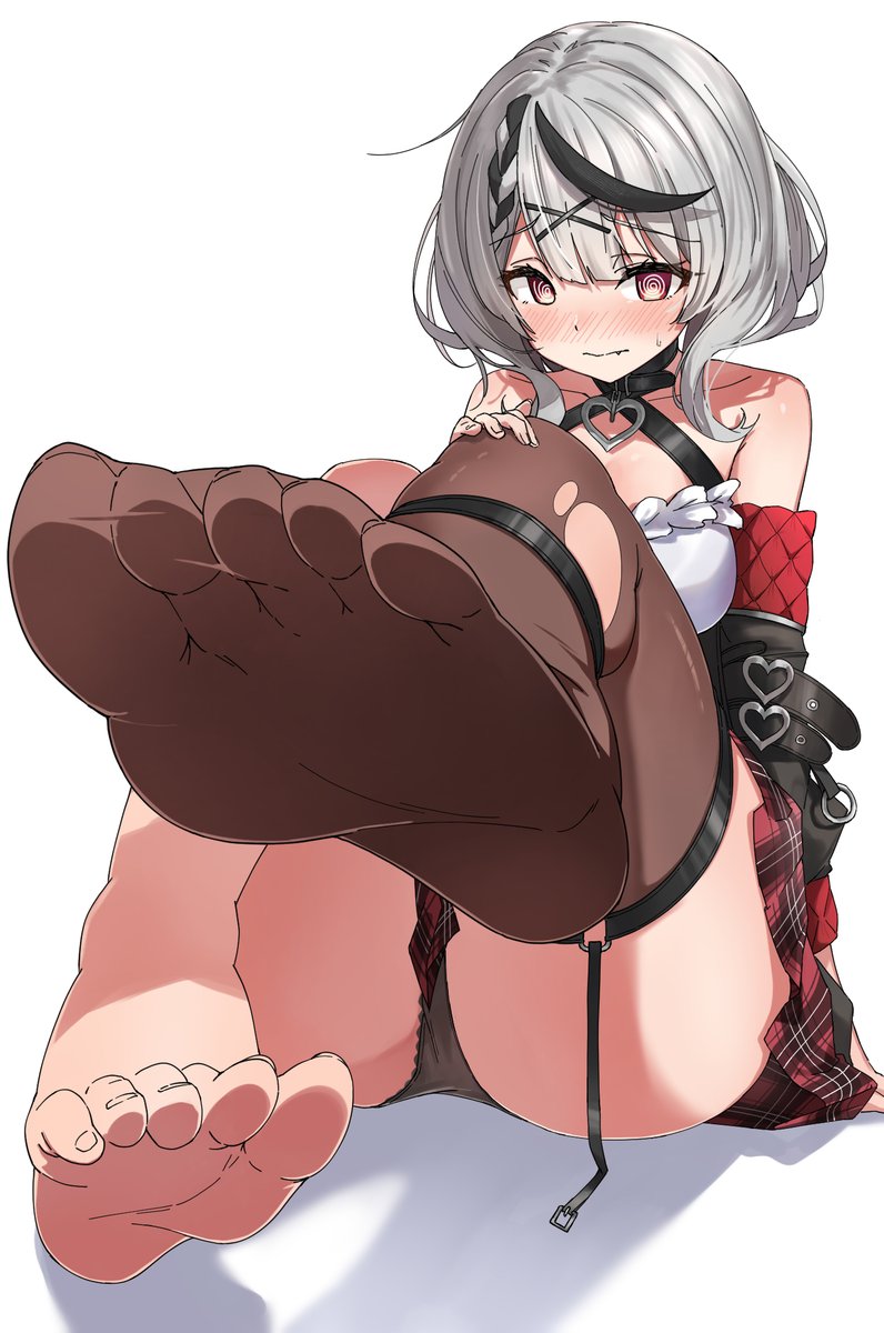 arm support, ass, asymmetrical legwear, barefoot, blush, feet, foot fetish, hololive, hololive japan, holox, huge ass, nervous, nose blush, panties, presenting feet, ripped stockings, sakamata chloe, sitting, stockings, sweatdrop, swirly eyes, toenails, toes, virtual youtuber