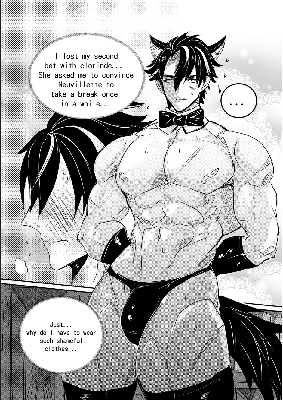 1boy, abs, biceps, black hair, embarrassed, english text, gay, genshin impact, male, male only, monochrome, muscular, muscular male, pecs, topless, topless male, underwear, wriothesley (genshin impact)