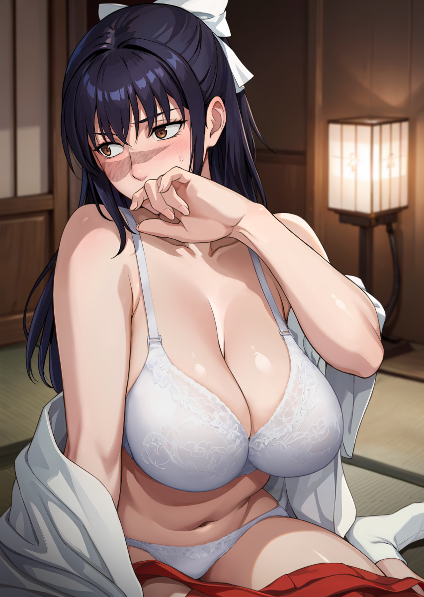 1girls alternate_breast_size averting_eyes black_hair blush bow bra breasts brown_eyes cleavage clothes_down commentary_request embarrassed facial_mark female hairbow hakama hakama_skirt hand_to_own_mouth highres horny huge_breasts indoors ishigaki_takashi japanese_clothes jujutsu_kaisen kimono large_breasts long_hair miko_outfit navel panties red_hakama scar scar_on_face sitting skirt socks solo sweatdrop underwear utahime_iori wariza white_bow white_bra white_kimono white_panties white_socks