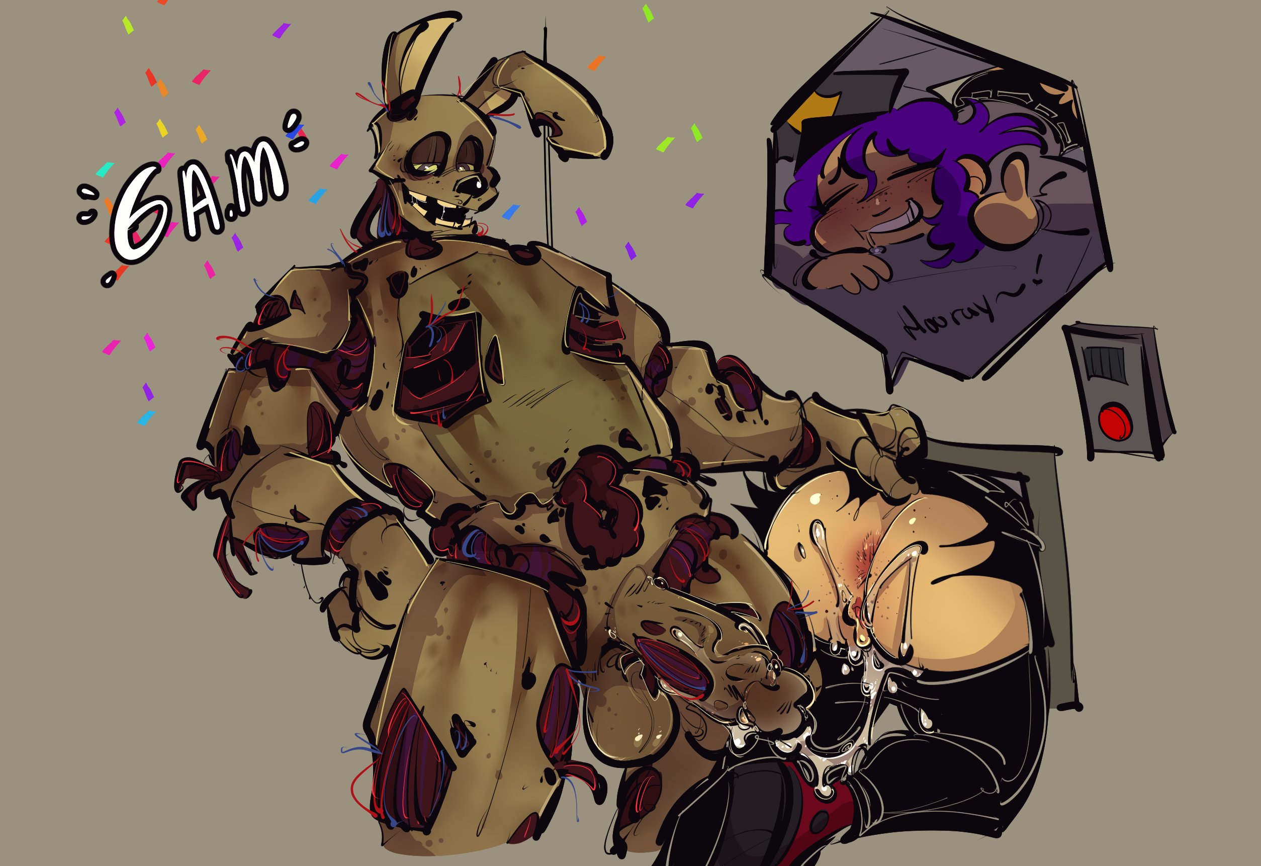 1boy, 1girls, anthro, ass, ass up, back view, bileshroom, bodily fluids, closed eyes, cum, cum drip, cum in pussy, doggy style, ejaculation, erection, fanart, female, female human, five nights at freddy's, five nights at freddy's 3, fnaf, from behind, haru (masochistfox), huge ass, huge cock, human, human penetrated, looking pleasured, male, male/female, oc x canon, ocxcanon, penis, pussy, pussy juice, rabbit, rough sex, sex, springtrap, springtrap (fnaf), straight sex, stuck, stuck in wall, william afton