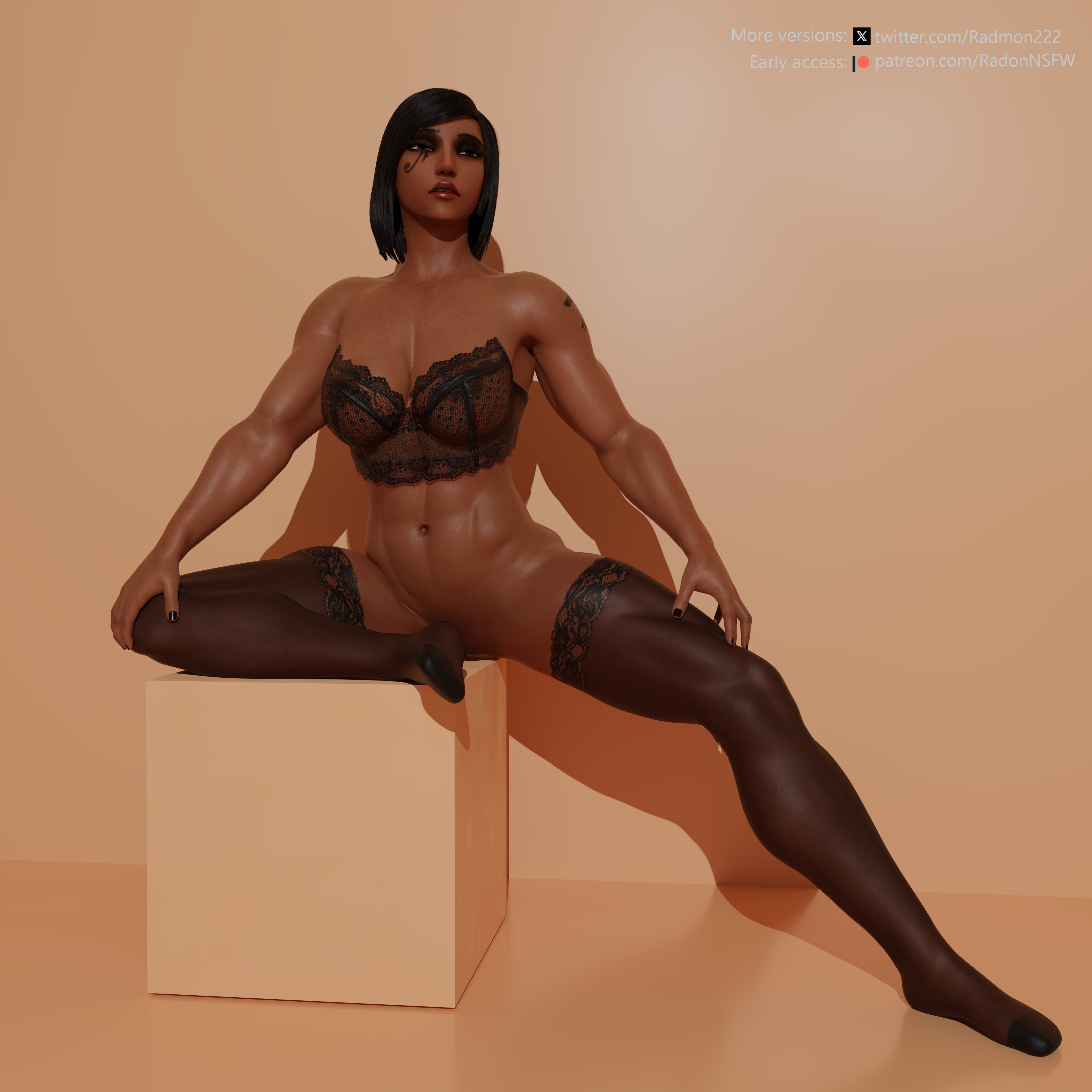 1girls, 3d, abs, areolae, barefoot, big breasts, black nails, blender, blender (software), bra, breasts, brown eyes, dark hair, dark skin, dark-skinned female, feet, female, female focus, female only, fit, fit female, hi res, highres, lingerie, muscular, muscular arms, muscular thighs, overwatch, overwatch 2, painted nails, pharah, pinup, radmon222, see-through bra, see-through clothing, self upload, short hair, simple background, solo female, thick thighs, thighhighs