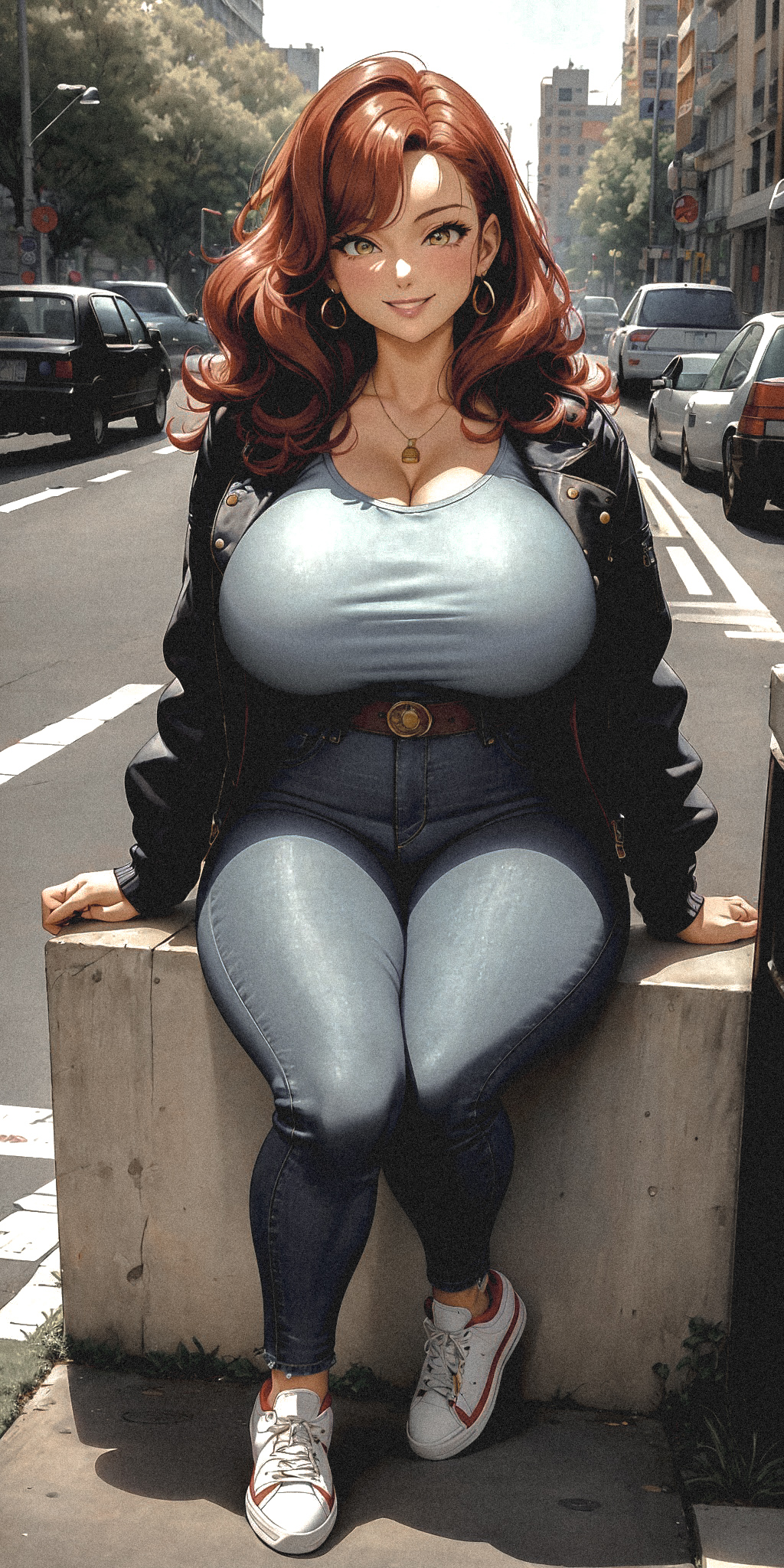 1980s_(style) 1girls 2023 ai_generated big_breasts breasts car city cleavage collarbone earrings female female_focus female_only high_resolution highres hips hourglass_figure jacket jeans leather_jacket looking_at_viewer medium_hair necklace original original_character outdoors outside parted_lips red_hair retro self_upload shirt sitting smile smiling smiling_at_viewer sneakers solo solo_focus stable_diffusion street tagme thick_thighs thighs toned toned_body toned_female tree tshirt vintage wavy_hair yellow_eyes yodayo