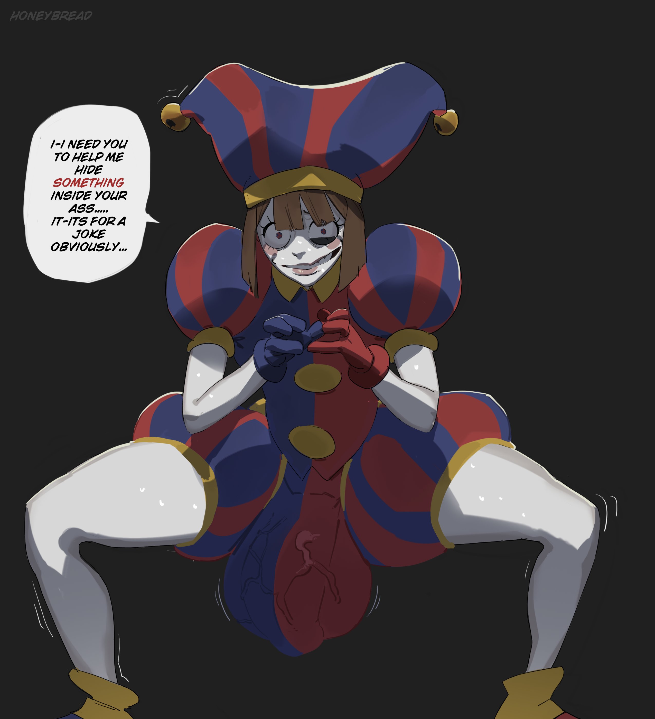 1futa, 2023, 2d, 2d (artwork), 2d artwork, balls, breasts, brown hair, bulge, clothed, clothing, crazy eyes, dialogue, dialogue box, english text, flaccid, fully clothed, futa only, futanari, glitch productions, gloves, gooseworx, honeybread, huge balls, huge cock, huge penis, humanoid, humanoid penis, intersex, jester, jester costume, jester hat, jester outfit, looking down, penis, pomni, pomni (the amazing digital circus), short hair, solo, solo futa, spread legs, squatting, standing, talking to viewer, text, the amazing digital circus, white body