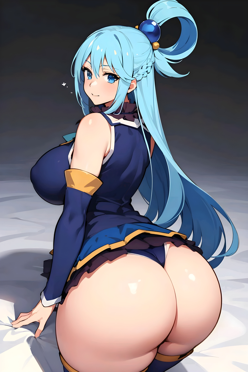 1girls, ai generated, aqua (konosuba), ass, back view, bare shoulders, big ass, big breasts, blue eyes, blue hair, breasts, clothed, female, female only, kono subarashii sekai ni shukufuku wo!, light skin, light-skinned female, long hair, looking at viewer, looking back, matching hair/eyes, onlyaimommys, sideboob