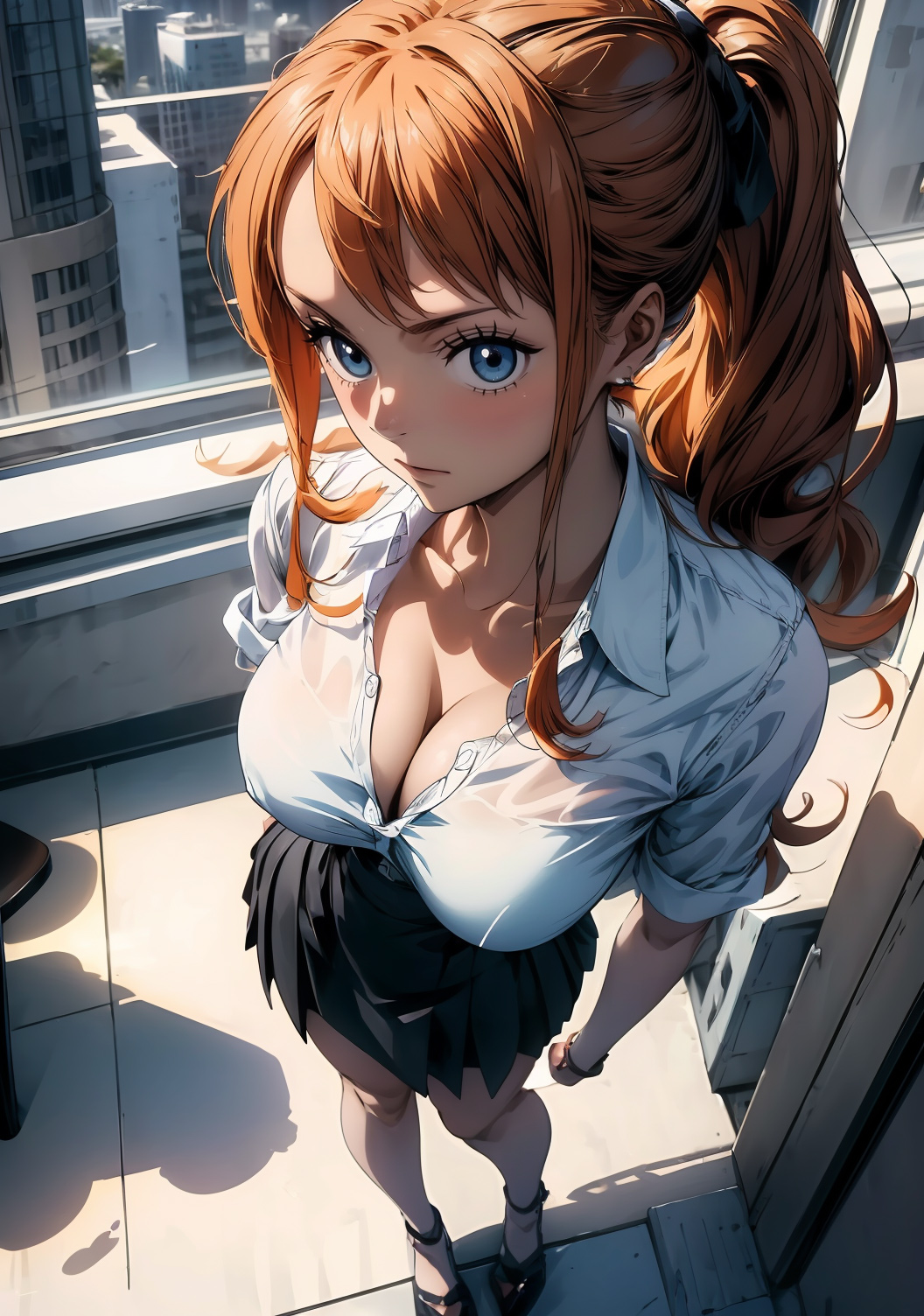 1girls, action pose, ai generated, angry, angry face, ass, athletic, athletic female, bare shoulders, big breasts, black skirt, blue eyes, blush, breasts, business suit, eyelashes, female, female only, fit, fit female, ginger, huge breasts, indoors, jacket, large breasts, light skin, light-skinned female, lips, lipstick, long hair, looking at viewer, mascara, nami (one piece), office lady, one piece, orange hair, pale skin, pale-skinned female, posing, post-timeskip, shirt, skirt, solo, stable diffusion, standing, thick ass, thick legs, thick thighs, white shirt