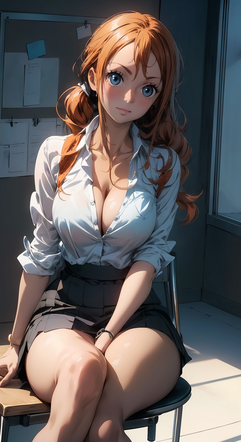 1girls, action pose, ai generated, ass, athletic, athletic female, bare shoulders, big breasts, black skirt, blue eyes, blush, breasts, business suit, cosplay, curvy, curvy figure, detailed, eyelashes, female, female only, fit, fit female, ginger, high quality, huge breasts, indoors, jacket, large breasts, light skin, light-skinned female, lips, lipstick, long hair, looking at viewer, mascara, nami (one piece), office lady, one piece, orange hair, pale skin, pale-skinned female, posing, post-timeskip, seductive, seductive look, shirt, skirt, solo, stable diffusion, standing, tagme, thick ass, thick legs, thick thighs, white shirt, young