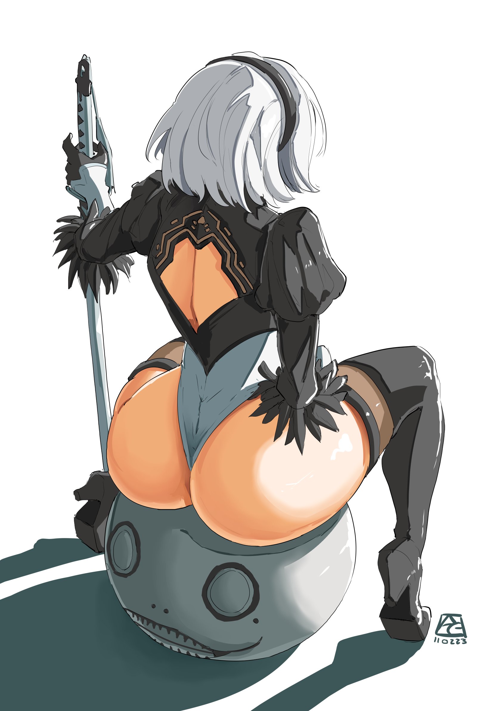 1girls, ass, ass focus, automatic giraffe, bob cut, boots, bottom heavy, bubble ass, bubble butt, facing away, female, from above, from behind, gloves, headband, heels, high heel boots, high heels, huge ass, leotard, nier, nier (series), nier: automata, shirt, short hair, sitting, spread legs, stockings, sword, thick ass, thigh boots, thighhighs, thong leotard, weapon, white hair, yorha 2b