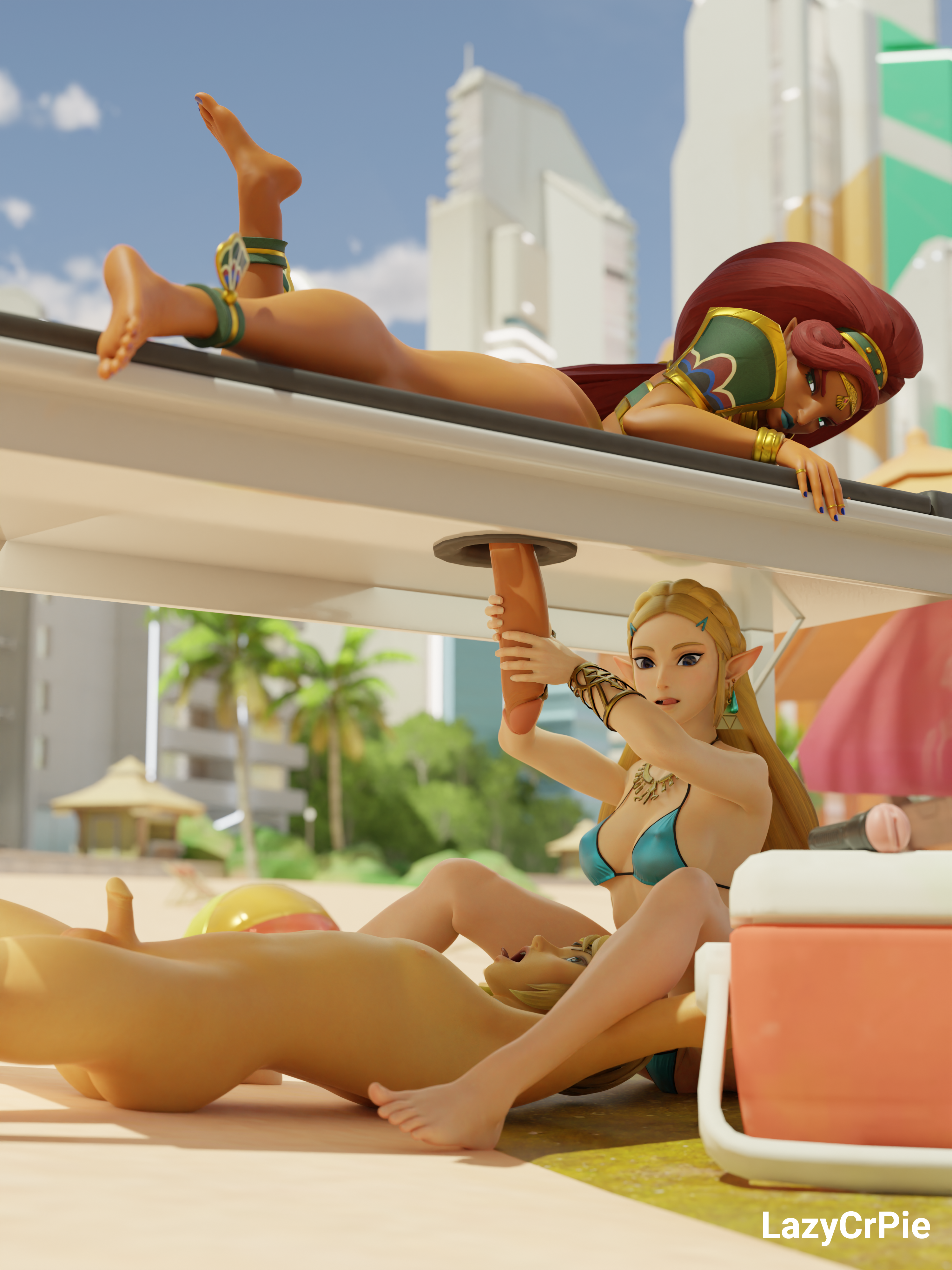1boy, 1futa, 1girls, 3d, balls, big dom small sub, bigger dom, bikini, bisexual, blonde hair, blowjob, blue eyes, breasts, breath of the wild, crossdressing, dark skin, dark-skinned futa, domination, earrings, feet, feet focus, feet on penis, female, femboy, feminine, feminine male, foot, foot fetish, footjob, futa is bigger, futa sans pussy, futanari, half-erect, humiliation, intersex, jewelry, large balls, large penis, large testicles, lazycrpie, light skin, light-skinned female, light-skinned male, link, link (breath of the wild), looking at viewer, male, medium breasts, medium hair, necklace, nintendo, nipples, nude, nude female, nude futa, open mouth, panties, penis, penis size comparison, pointy ears, princess zelda, sex, sissy, size difference, small penis, testicles, the legend of zelda, threesome, trap, uncensored, unseen male face, urbosa, zelda (breath of the wild)