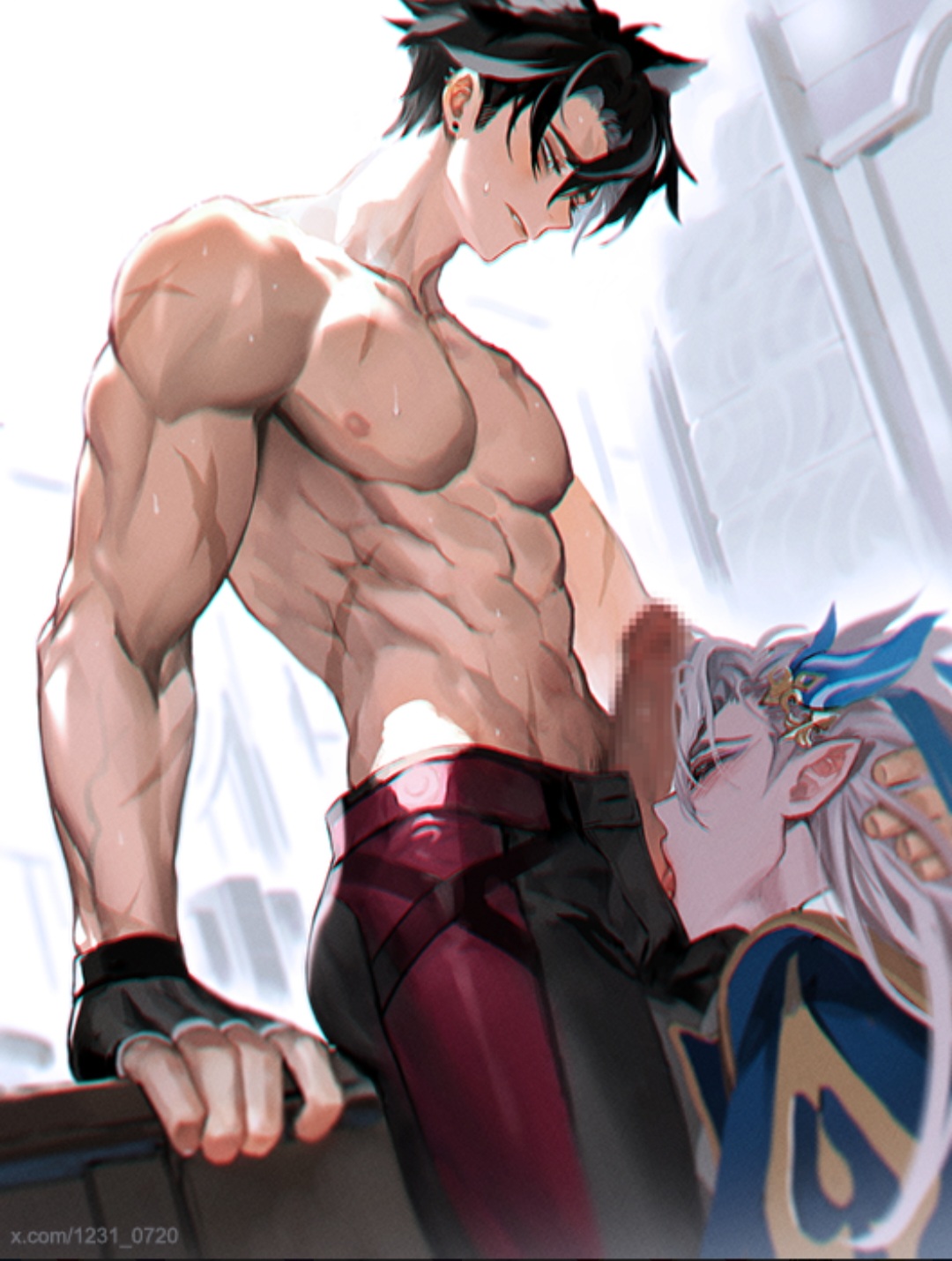 1231 0720, 2boys, abs, balls, blush, censored, gay, genshin impact, licking balls, licking penis, male, male/male, muscles, neuvillette (genshin impact), penis, penis in face, scars, wriothesley (genshin impact), yaoi