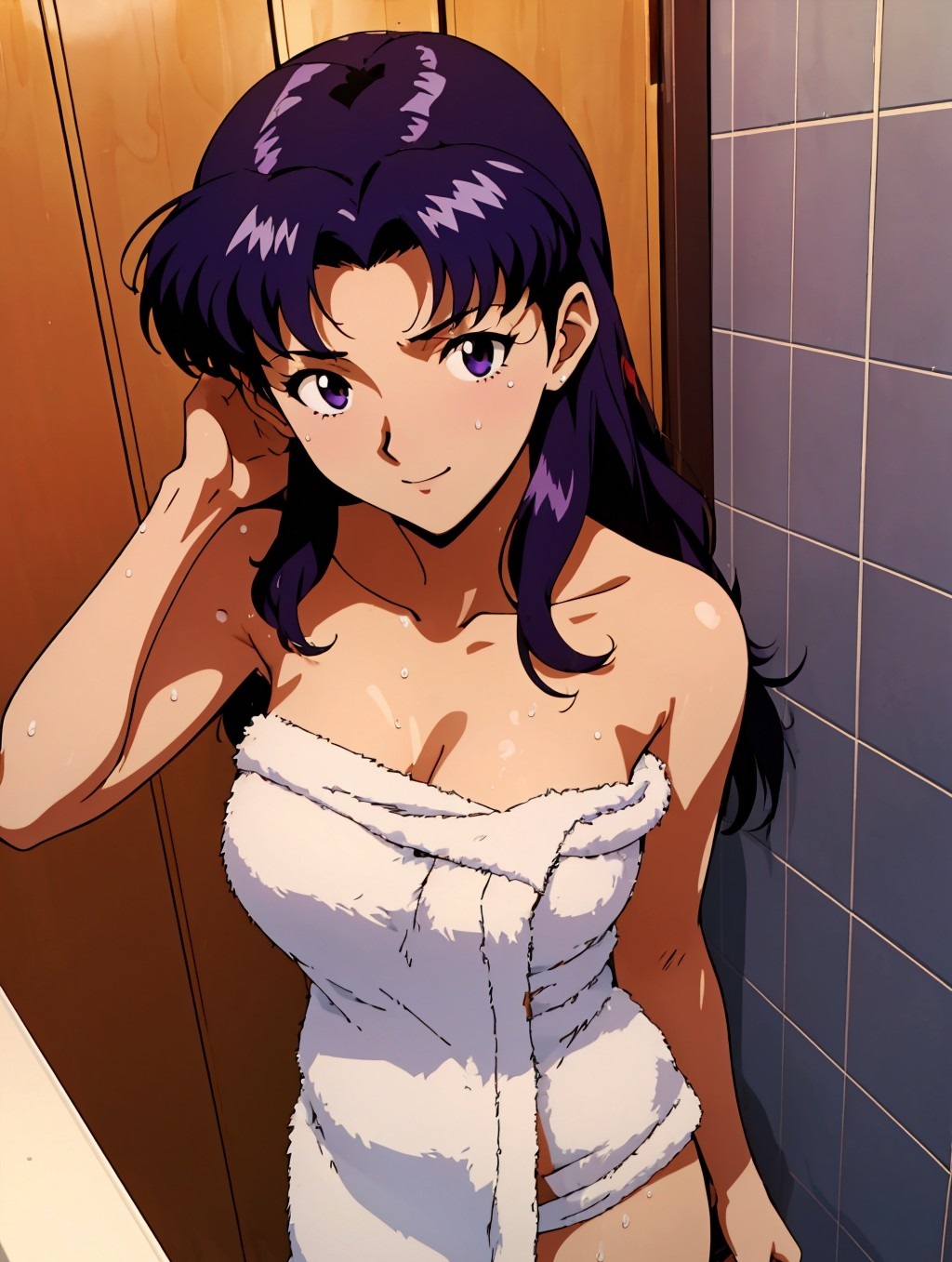 ai generated, breasts, female, female only, misato katsuragi, nai diffusion, neon genesis evangelion, purple hair, solo, stable diffusion, tagme
