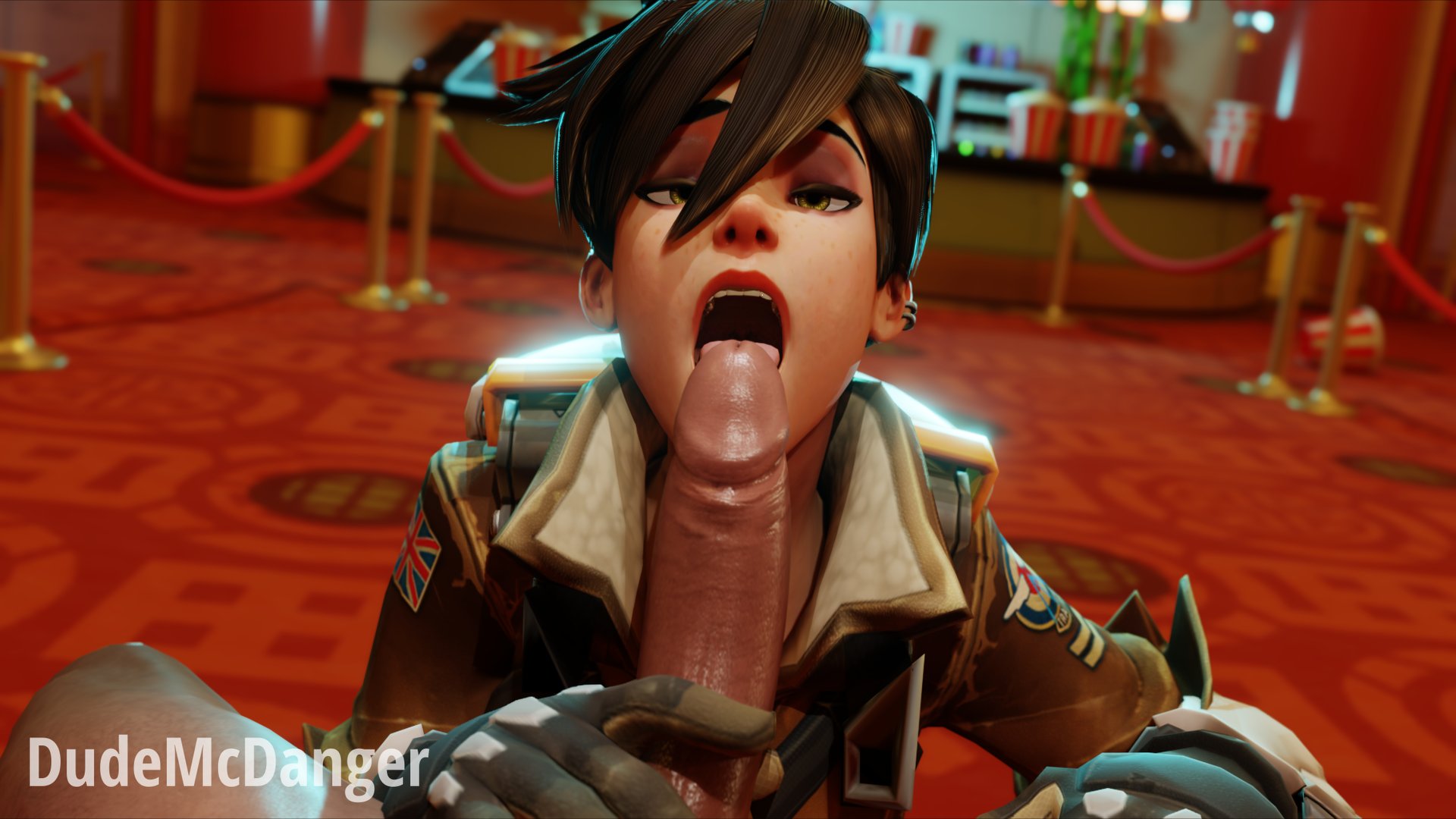 3d, 3d (artwork), black eyebrows, blender, blender (software), blizzard entertainment, blowjob, blowjob face, british, british female, brown eyes, brown hair, clothed, clothing, cock, dudemcdanger, european, european female, fellatio, female, huge cock, image, large penis, lena oxton, licking, licking penis, light skin, light-skinned female, light-skinned male, looking at viewer, male, male pov, mexican male, movie theater, on the floor, oral, oral penetration, oral sex, overwatch, overwatch 2, penis, pov, pov eye contact, reaper, tongue, tongue out, tracer, vein, veins, veiny, veiny penis