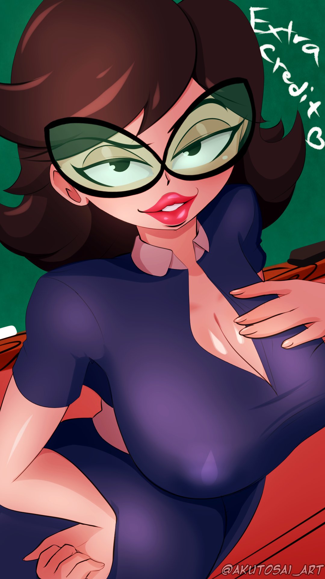 1girls akutosai_art big_breasts big_lips black_eyes black_glasses breasts brown_hair cartoon_network cleavage dress eleanor_butterbean eyewear female female_only glasses hair hand_on_breast huge_breasts lips lipstick looking_at_viewer mature mature_female mature_woman pink_lips pink_lipstick plump_lips solo solo_female teacher the_grim_adventures_of_billy_and_mandy thick_lips