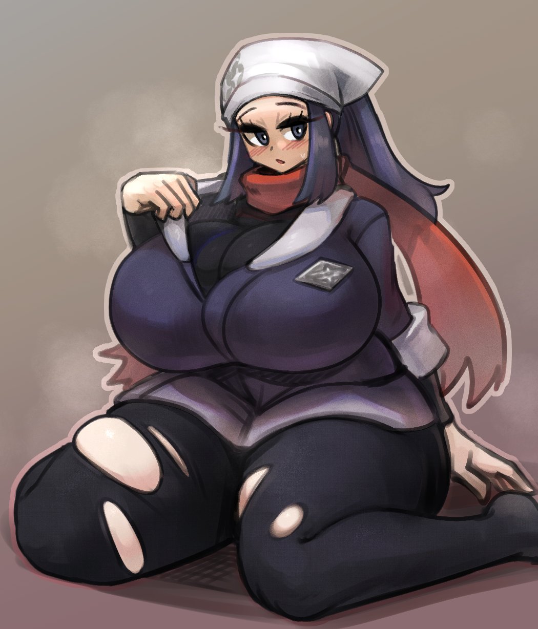 1girls akari_(pokemon) alternate_breast_size big_breasts blue_eyes blue_hair breasts clothed clothed_female female game_freak gipehtyboon huge_breasts kneeling large_breasts light-skinned_female light_skin long_hair nintendo pokemon pokemon_legends:_arceus ripped_clothing scarf thick thick_thighs wide_hips wide_thighs yboon