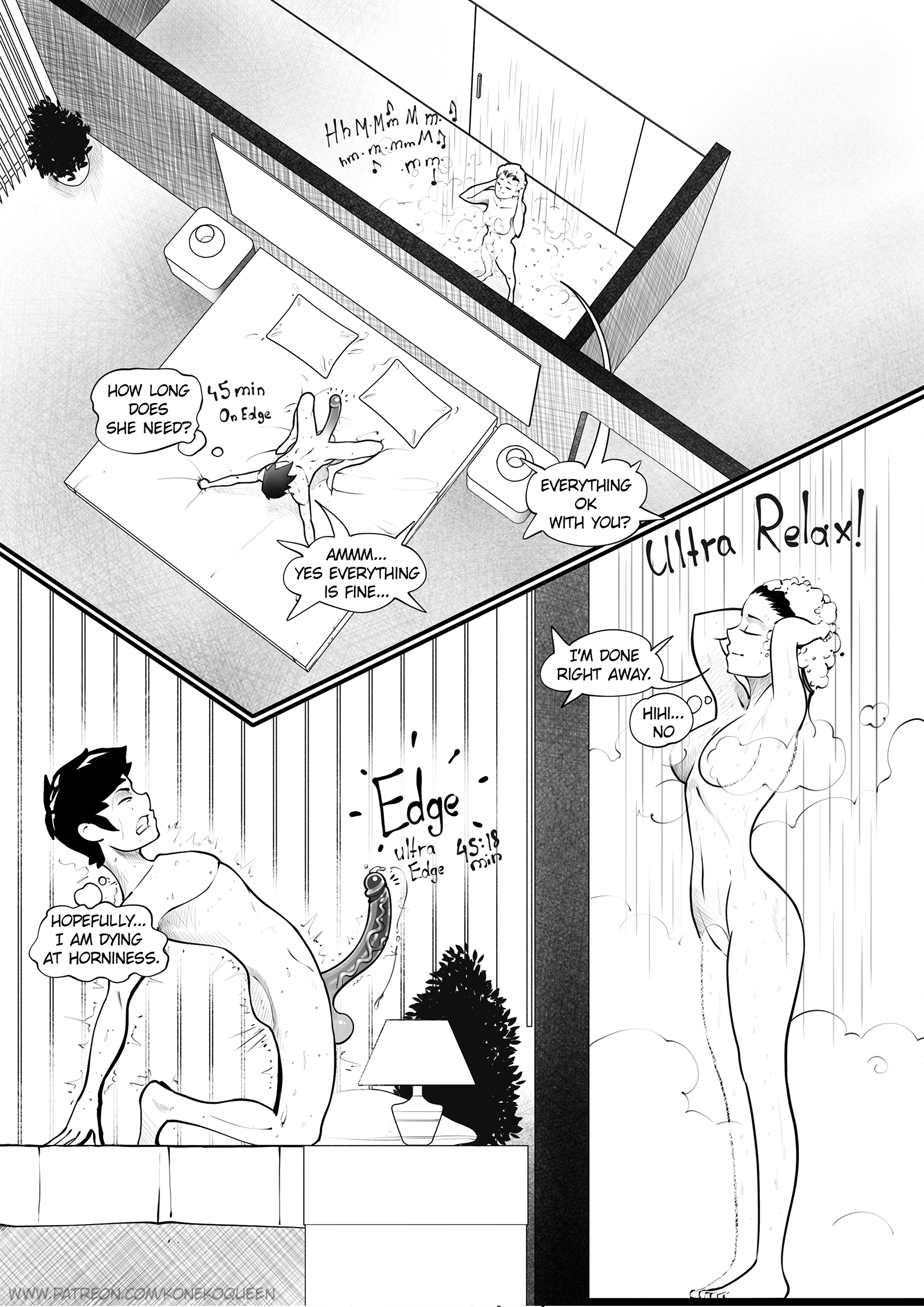 aiko, black and white, cfnm, chastity cage, cumming, doujinshi, female, femdom, koneko queen, prostate stimulation, teasing