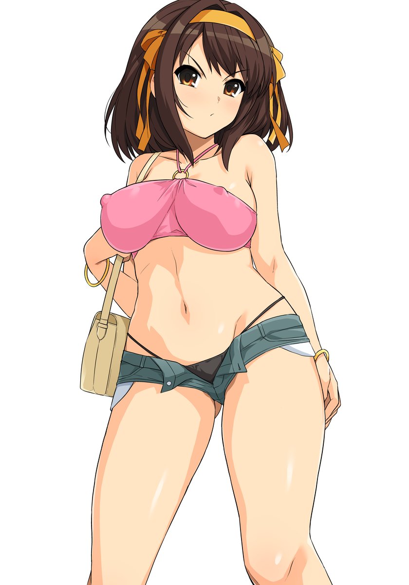 1girls breasts covered_nipples haruhisky high_thong large_breasts looking_at_viewer nipples nipples_visible_through_clothing revealing_clothes short_shorts shorts solo standing suzumiya_haruhi suzumiya_haruhi_no_yuuutsu tagme thong thong_above_shorts thong_straps thongstraps tsundere tsundere_face