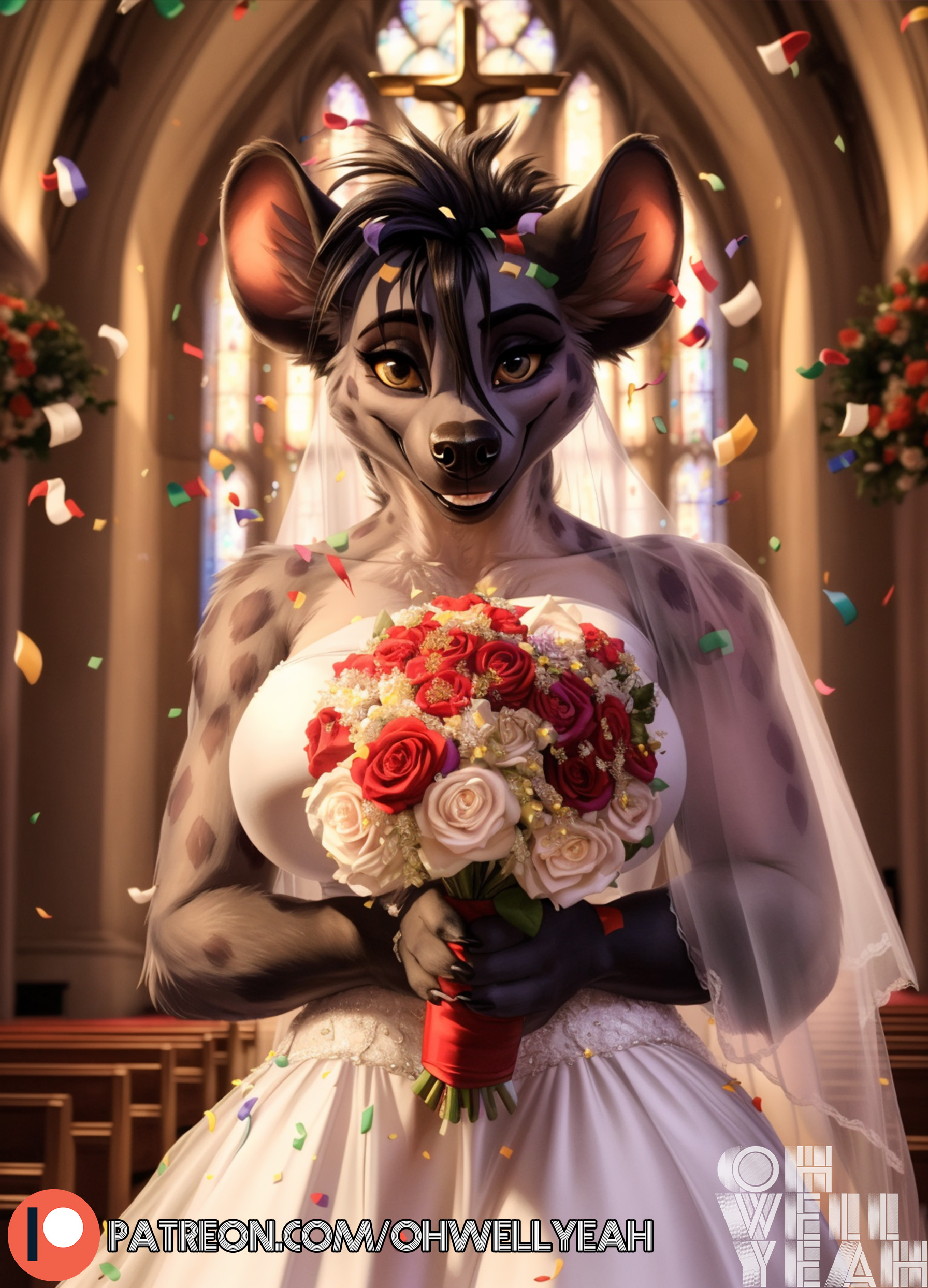 1girls, ai generated, anthro, bouquet, bride, church, disney, female, happy, hyena, looking at viewer, marriage, ohwellyeah, shenzi, smile, solo, the lion king