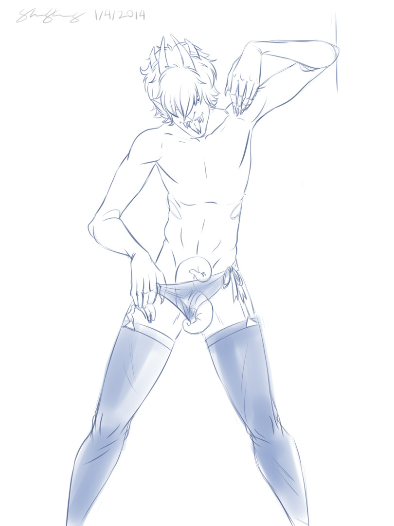 1boy diphallia diphallism forked_tongue homestuck male male_focus male_only mituna_captor multi_penis panties penis sketch solo solo_focus tagme thighhighs tongue_out underwear