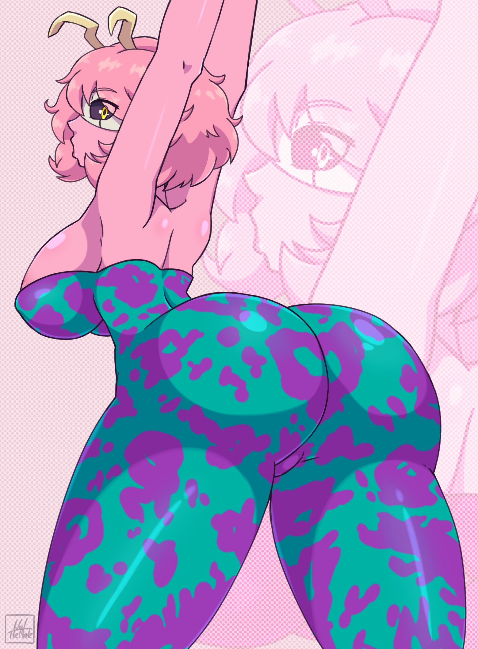 1girls, arms up, ass, ass focus, big ass, big breasts, black sclera, bodysuit, breasts, domino mask, eyewear, female, female only, hero outfit (mha), horns, huge ass, huge breasts, looking back, mina ashido, my hero academia, pink body, pink hair, pink skin, solo, solo female, stretching, superheroine, thick thighs, thighs, welthemente, yellow eyes