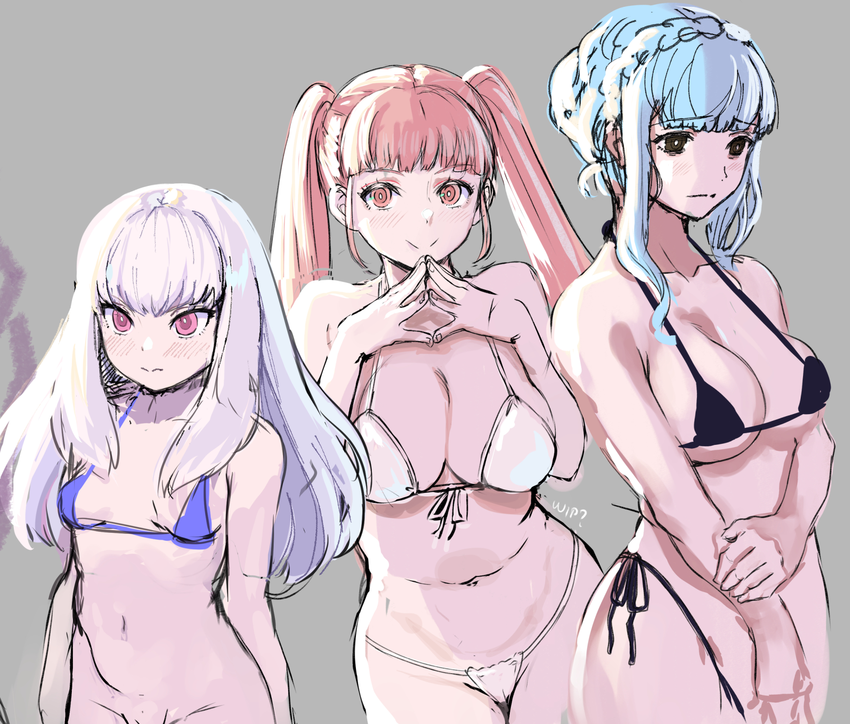 3girls, awesomeerix, bikini, black bikini, black swimsuit, blue hair, breasts, cleavage, embarrassed, female, female focus, female only, fire emblem, fire emblem: three houses, front-tie bikini top, front-tie top, highleg, highleg bikini, hilda valentine goneril, large breasts, long hair, lysithea von ordelia, marianne von edmund, matching hair/eyes, medium breasts, micro bikini, multiple females, multiple girls, navel, nintendo, partially visible vulva, pink eyes, pink hair, purple bikini, purple swimsuit, pussy, side-tie bikini bottom, sideboob, small breasts, stomach, swimsuit, underboob, white bikini, white swimsuit