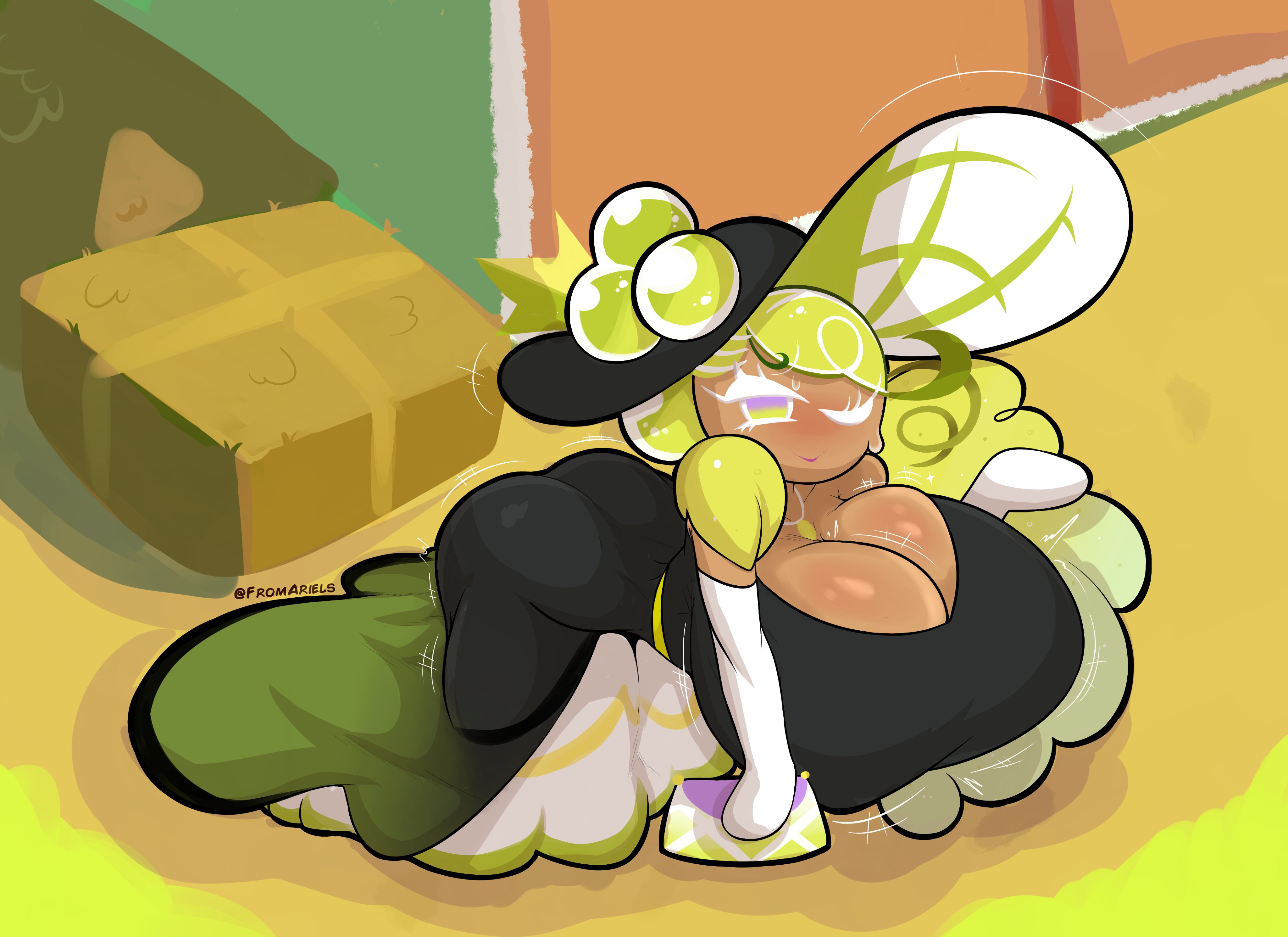 big breasts, breasts, cookie run, dress, female, fromariels, green eyes, green hair, shine muscat cookie, solo, tagme, voluptuous