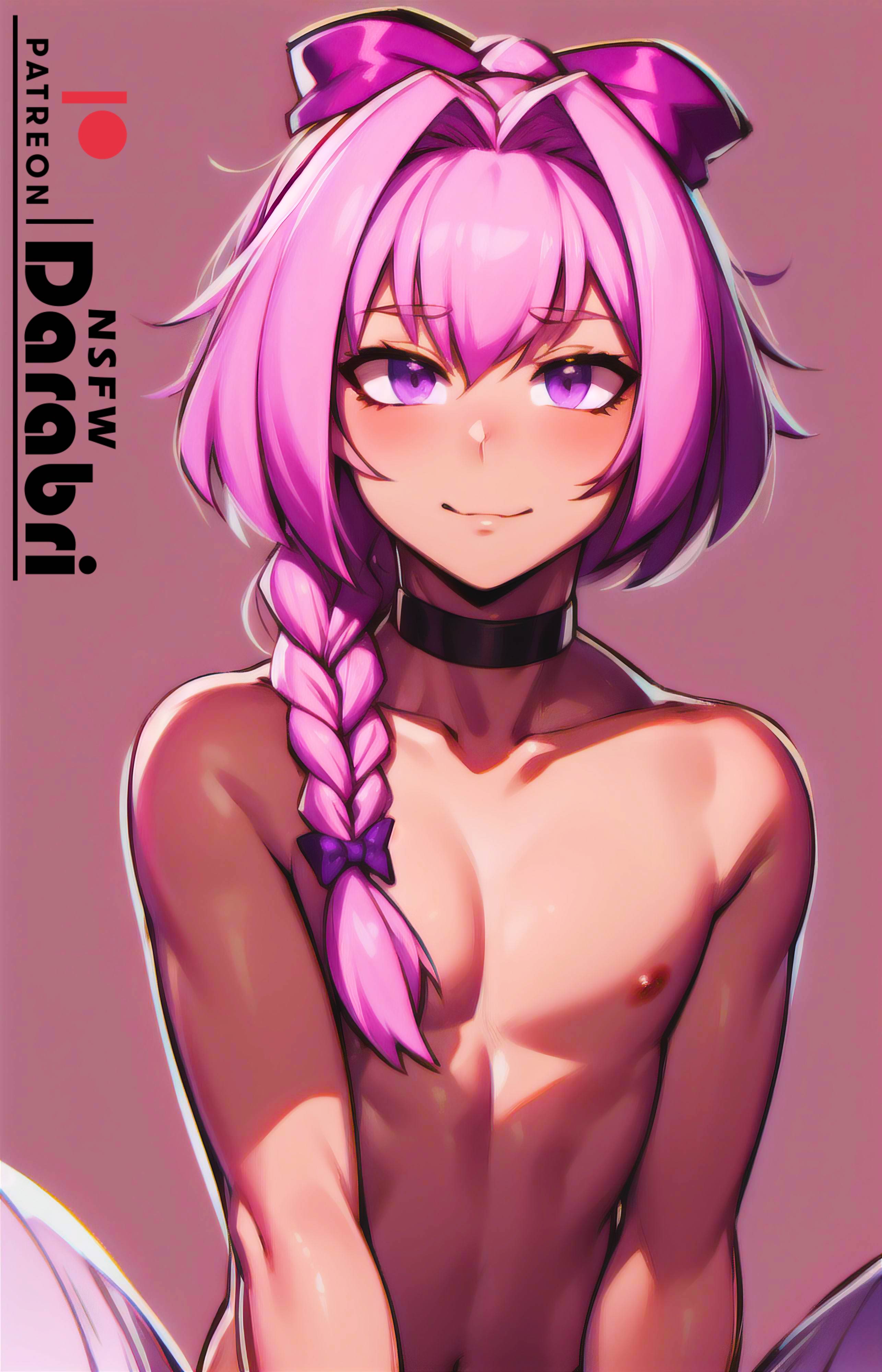 abs, absurd res, ai generated, astolfo (fate), beige background, beige skin, blush, braided hair, close-up, closed mouth, collar, collarbone, color, colored, cute, darabri, detailed, fate (series), femboy, feminine male, fit, flat chest, girly, gradient background, hair ribbon, happy, hi res, logo, long hair, looking at viewer, male, muscular, navel, nipples, otoko no ko, outlines, patreon, patreon logo, pink eyes, pink hair, pov, pov eye contact, purple eyes, shaded, simple background, single braid, sitting, smile, solo, solo focus, toned, topless, trap, upper body