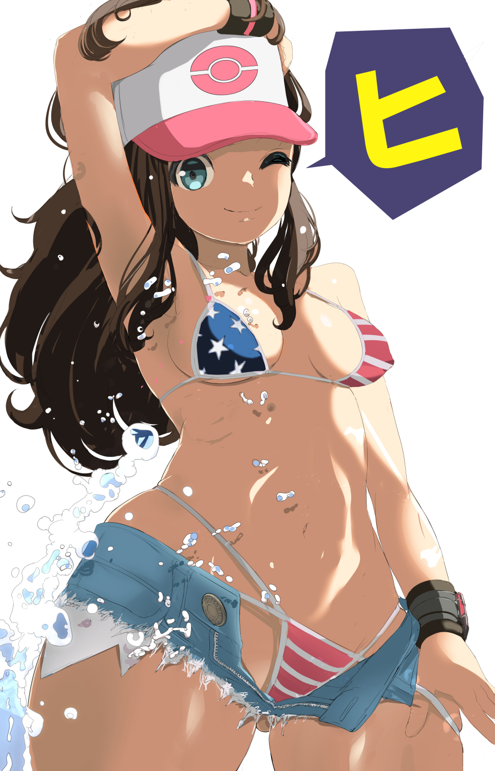 1girls alternate_version_available american_flag_bikini baseball_cap big_breasts bikini bikini_bottom bikini_top blue_eyes blue_shorts bottomwear breasts brown_hair cleavage female female_only game_freak hat headwear hilda_(pokemon) light-skinned_female light_skin makoto_daikichi one_eye_closed pokemon pokemon_bw ponytail short_shorts shorts smile solo solo_female topwear water wink