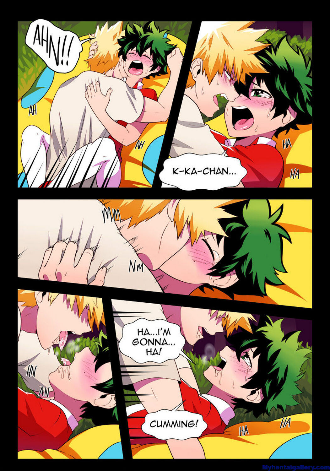 2boys bakugou_katsuki blonde_hair cherrypicmilk clothed_sex comic crossdressing crossdressing_male dialogue english_text face-to-face flushed gay gay_sex green_hair halloween izuku_midoriya katsuki_bakugou kissing kitsune23star little_red_riding_hood little_red_riding_hood_(cosplay) male male/male male_only male_penetrated male_penetrating my_hero_academia open_mouth red_eyes saliva speech_bubble spiky_hair tears_of_pleasure tongue tongue_kiss tongue_out wolf_boy wolf_ears yaoi