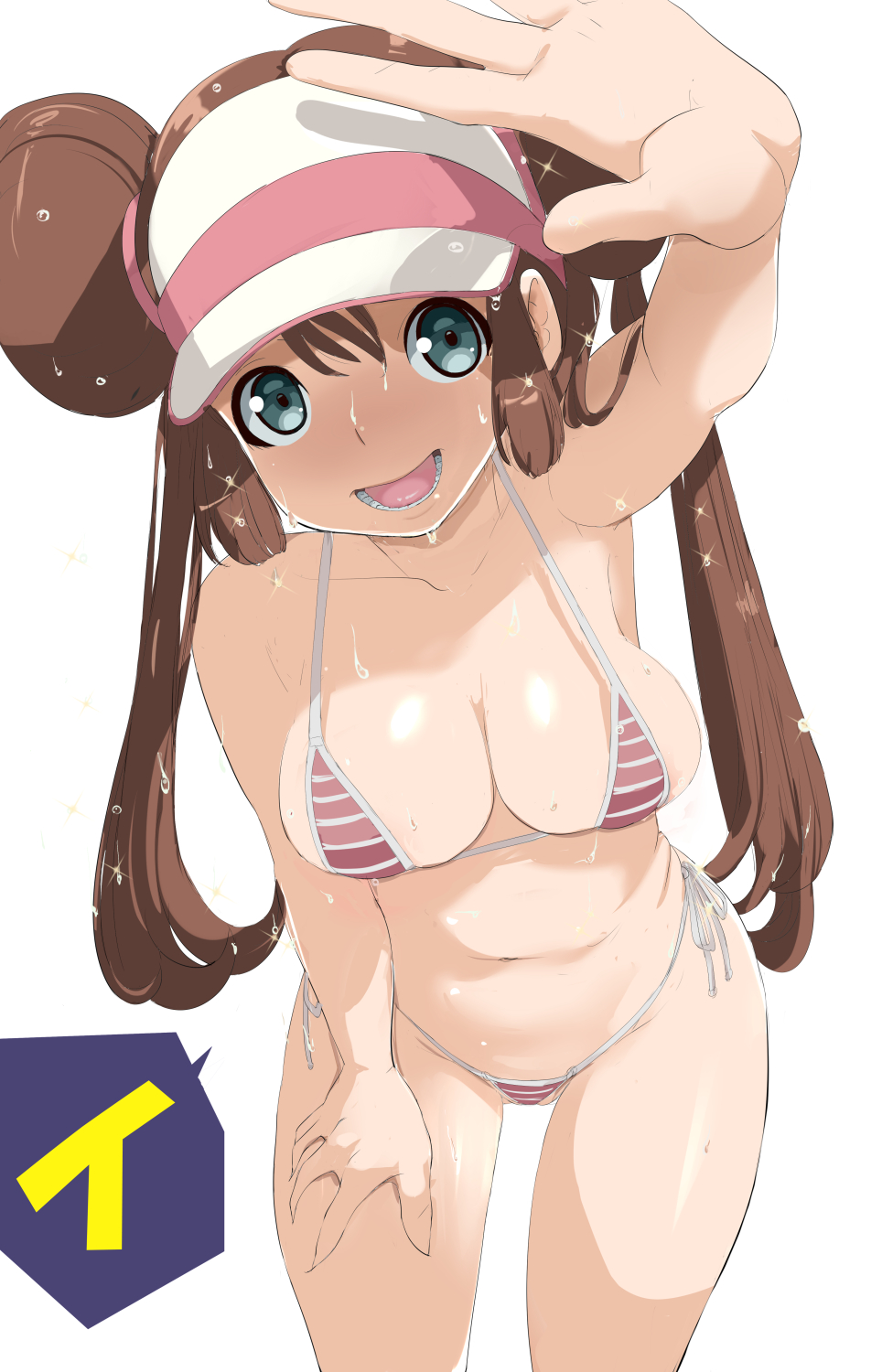 1girls big_breasts bikini bikini_bottom bikini_top bottomwear breasts brown_hair cleavage double_bun female female_only game_freak green_eyes hair hand_on_thigh headwear hips huge_breasts makoto_daikichi pink_bikini pokemon pokemon_bw rosa_(pokemon) solo solo_female swimwear thighs topwear visor_cap wet wet_body