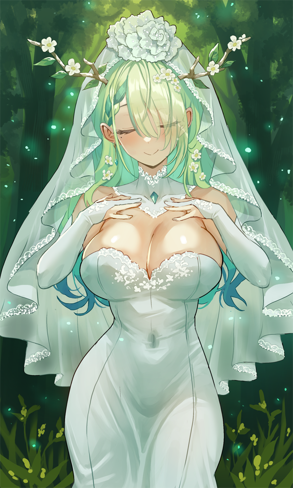 1girls 2d 2d_(artwork) antlers arms belly big_breasts boobs breasts ceres_fauna cleavage closed_eyes closed_mouth clothed clothing covered_breasts covered_navel covered_nipples digital_drawing_(artwork) dress female female_focus female_only fully_clothed gown green_hair hips hololive hololive_english hololive_english_-council- hololive_english_-promise- image jagaimo kkamja large_breasts legs legs_together sole_female solo standing stomach thighs tits virtual_youtuber waist wedding_dress