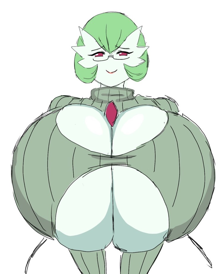 breasts, female, gardevoir, green hair, huge breasts, milf, momiji (artist), no humans, pokemon, pokemon (species), smile