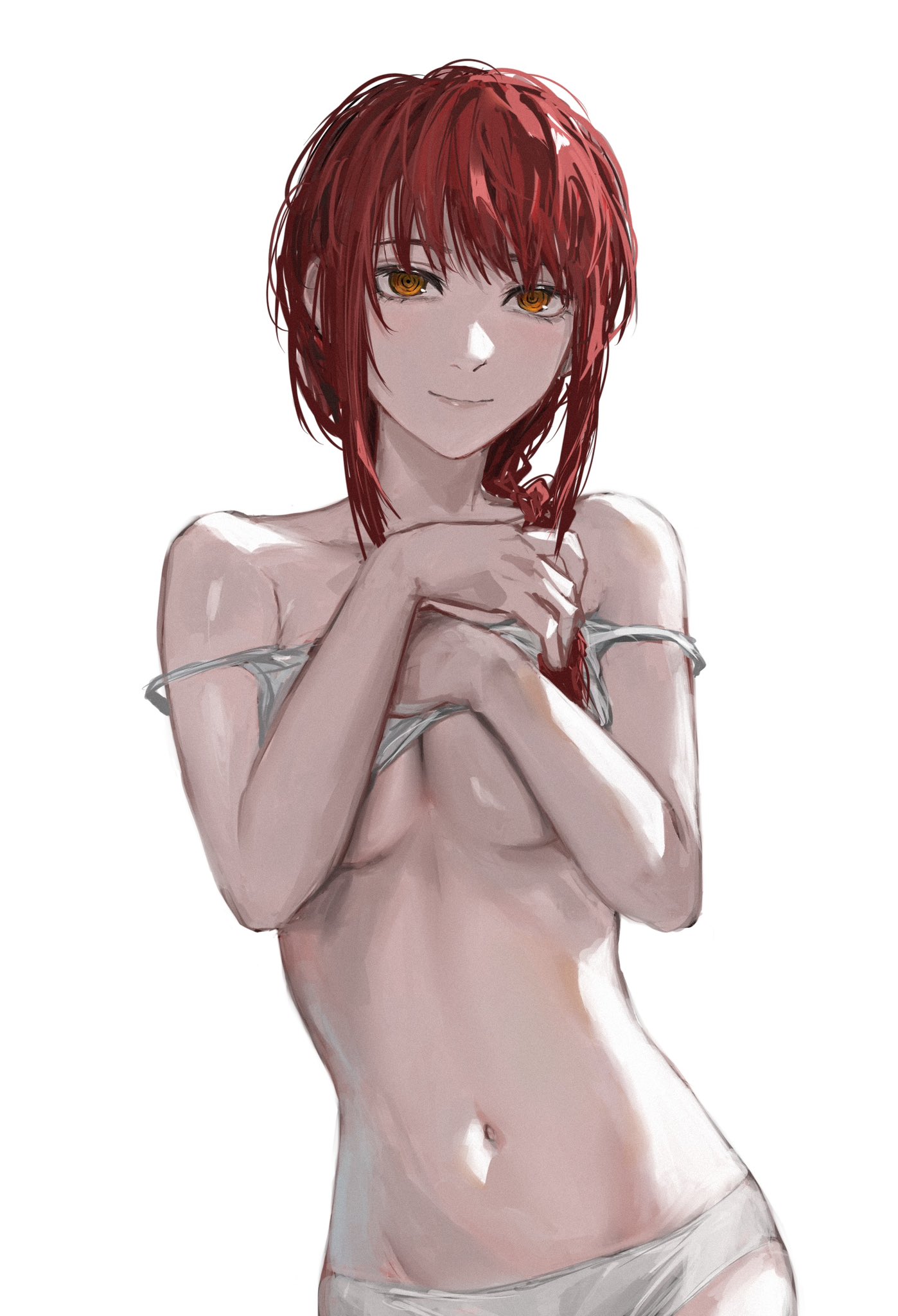 1girls, big breasts, breasts, chainsaw man, closed mouth smile, female, female only, light skin, light smile, light-skinned female, makima (chainsaw man), mappa, raberu, raberu ruru, red hair, shirt lift, slight smile, smile, smiley face, smiling, smiling at viewer, underboob