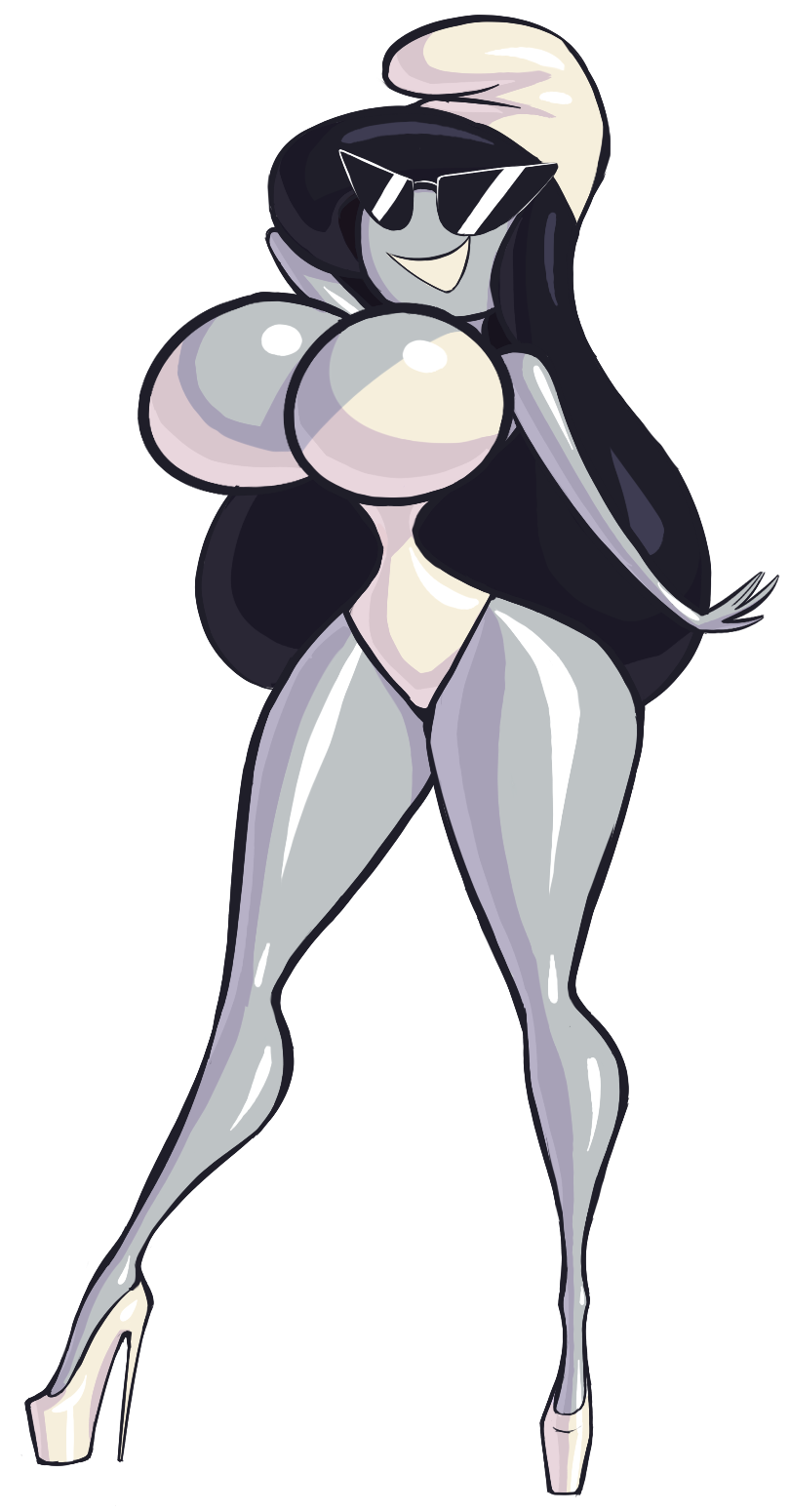 big_breasts black_hair breasts cosplay disney female gray_body grey_body grey_skin hat heels high_heels knick_knack large_hips leotard long_hair noonun permanent_smile pixar platform_heels shoes smiling smurf smurfs sunglasses sunnification swimsuit the_smurfs thin_waist transformation vexy wide_hips