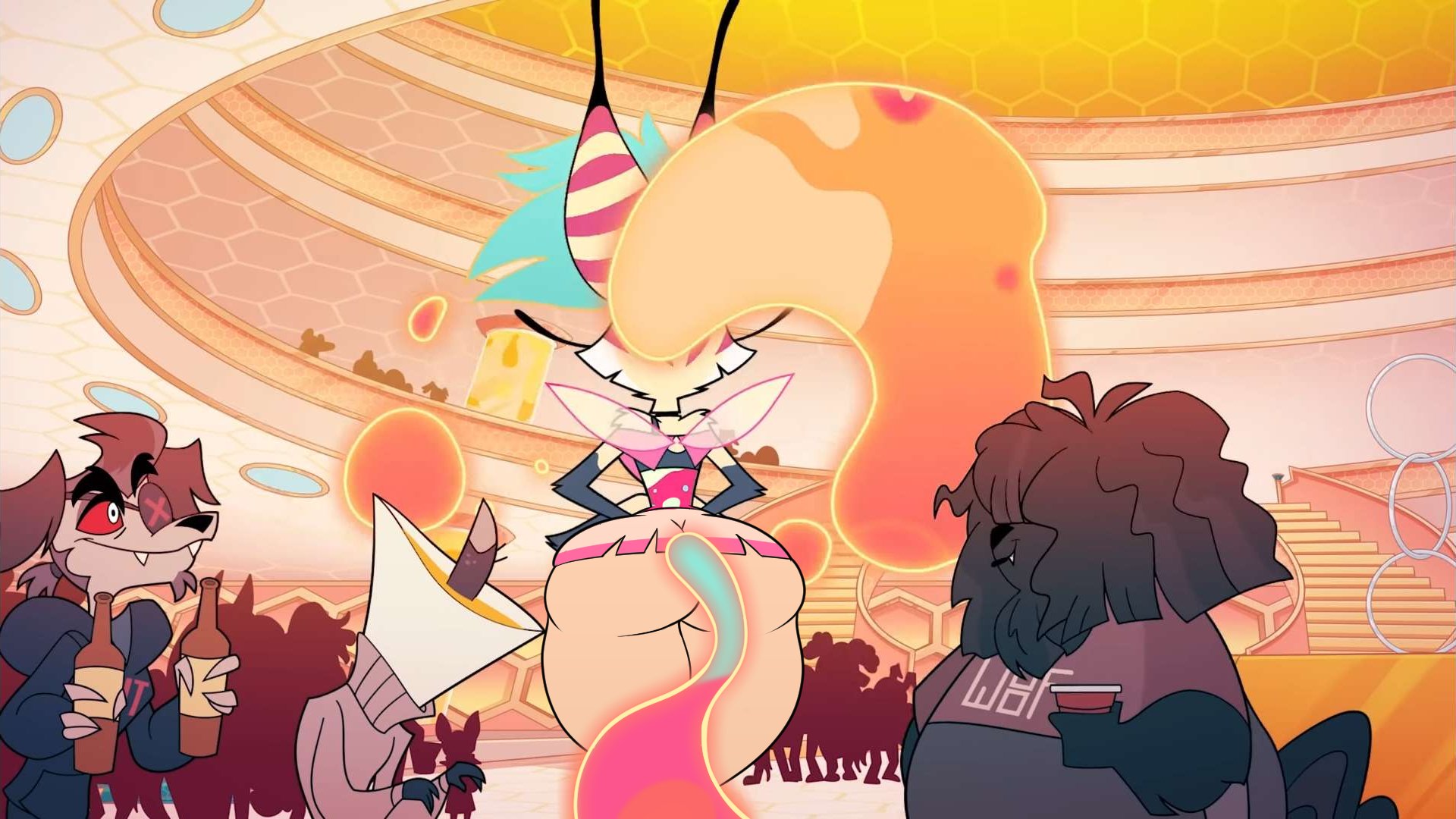 4 arms, accurate art style, anthro, ass, big ass, big breasts, big butt, bottom heavy, breasts, bubble ass, bubble butt, candid, canid, canid demon, canid humanoid, canine, canine humanoid, curvy, curvy body, curvy female, curvy figure, curvy hips, curvy thighs, demon, demon girl, demon humanoid, edit, edited, edited screencap, eye markings, eyelashes, fat ass, fat butt, female, flowing hair, fox, fox humanoid, hellaverse, helluva boss, hourglass figure, huge ass, huge butt, insect wings, large ass, large butt, long hair, male, mrmelted, multi arm, multi limb, multicolored body, multicolored fur, multicolored hair, queen bee-lzebub (helluva boss), screenshot, screenshot edit, striped fur, thick ass, thick thighs, three-tone hair, top heavy, two-tone body, two-tone fur, underass, voluptuous, voluptuous female, wide hips, yellow body, yellow fur, yellow sclera