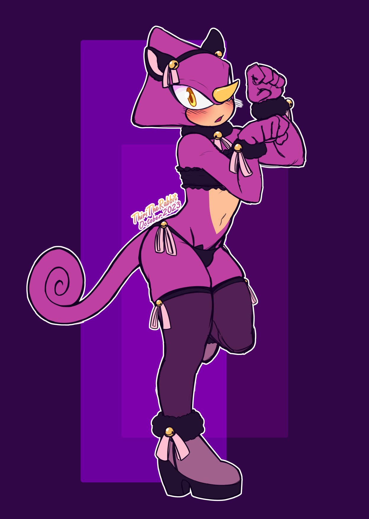 5_fingers bell_collar belly belly_button blush blushing boots bulge cat_ears cat_paws cat_pose chameleon espio_the_chameleon horn lizard male male_only no_humans simple_background solo solo_focus sonic_(series) tagme tail thighhighs underwear yellow_eyes