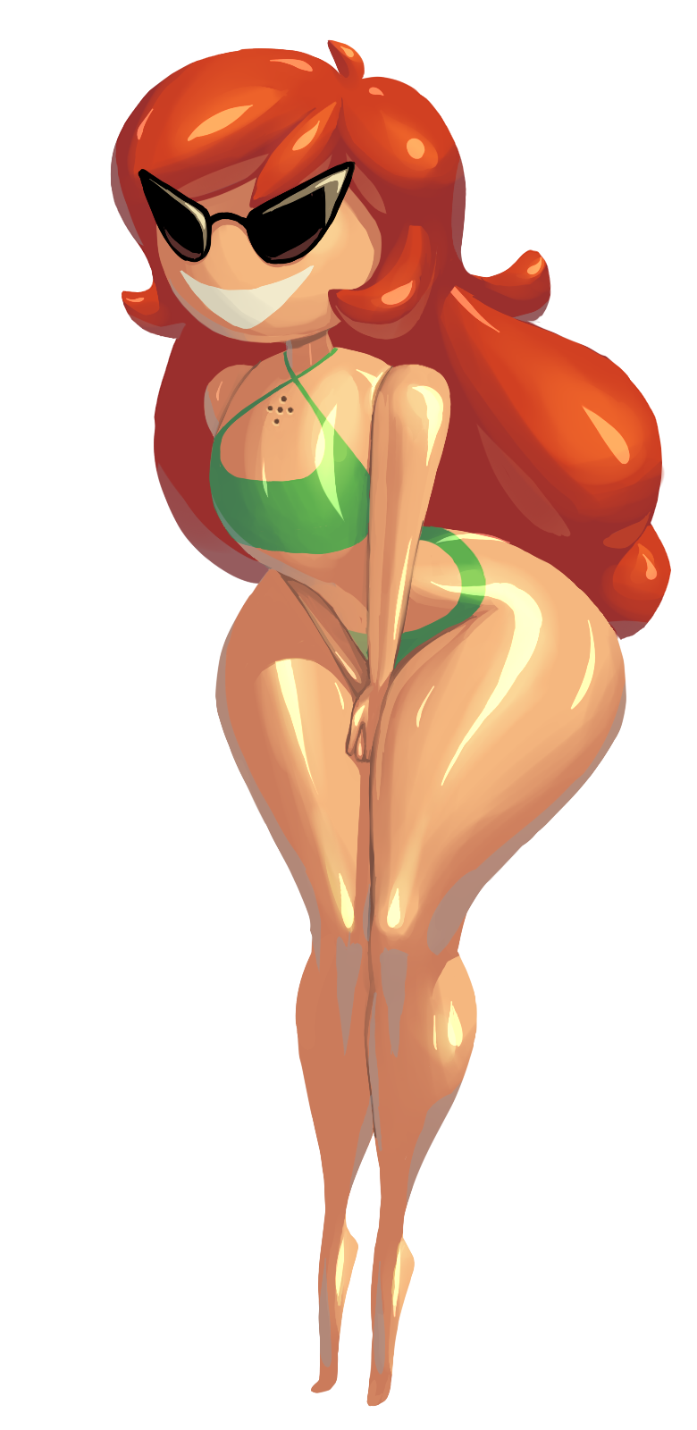 1girls bikini disney female flat_chest knick_knack large_hips long_hair noonun pixar red_hair smiling sunglasses sunnification sunny_persona swimsuit thin_waist wide_hips