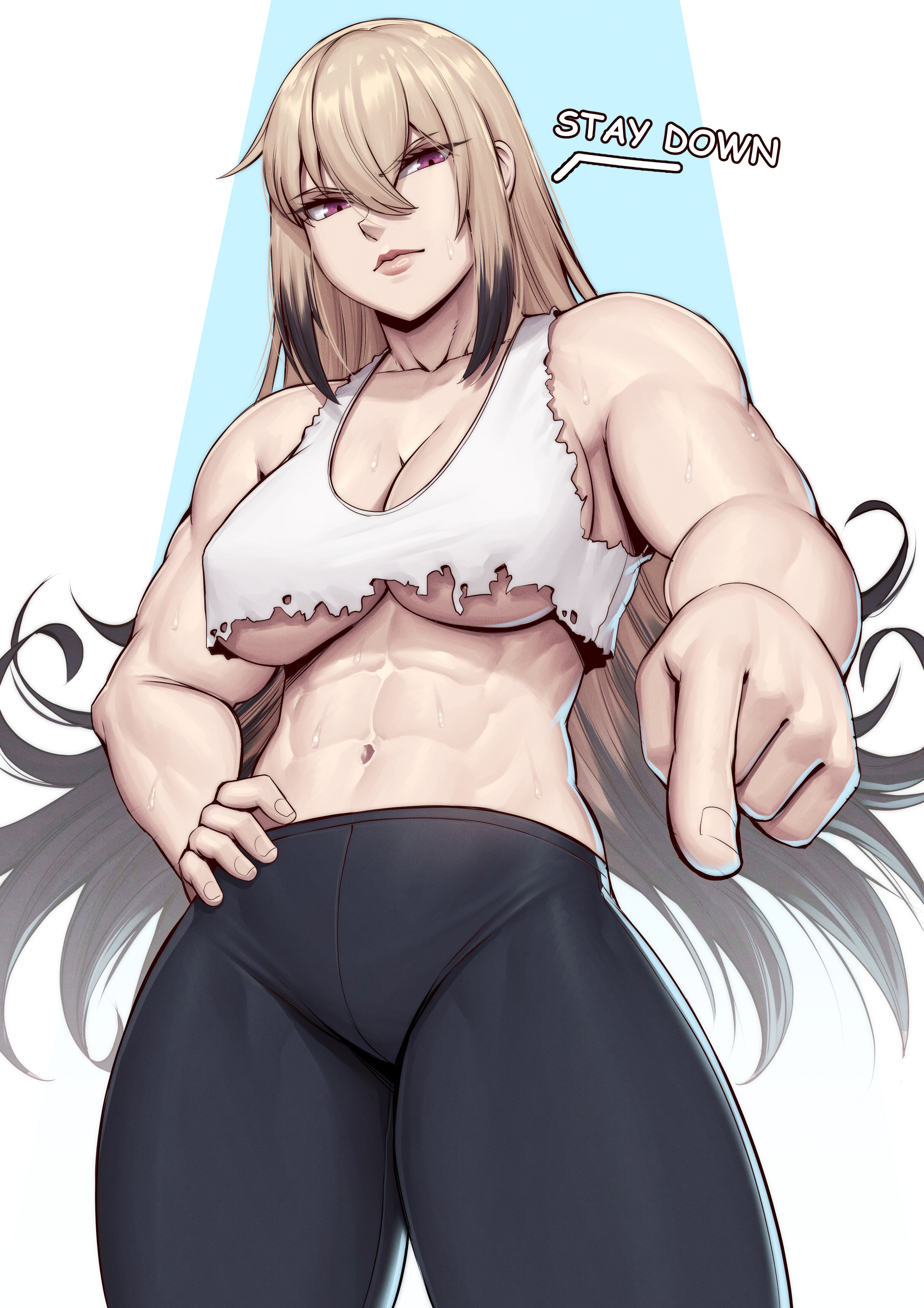 1girls, abs, absurd res, biceps, breasts, cleavage, english text, female, hi res, large breasts, light skin, light-skinned female, looking at viewer, looking down, multicolored hair, muscles, muscular, muscular arms, muscular female, navel, original, original character, purple eyes, speedl00ver, sweat, talking to viewer, underboob