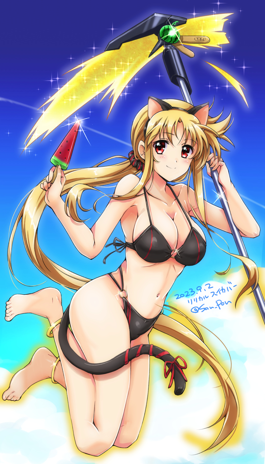 artist_name bardiche bikini black_bikini blonde_hair blush breasts cat_ears cat_tail cleavage closed_mouth dated fake_animal_ears fake_tail fate_testarossa female large_breasts long_hair looking_at_viewer lyrical_nanoha mahou_shoujo_lyrical_nanoha_strikers navel ponytail popsicle red_eyes san-pon signature sky smile solo