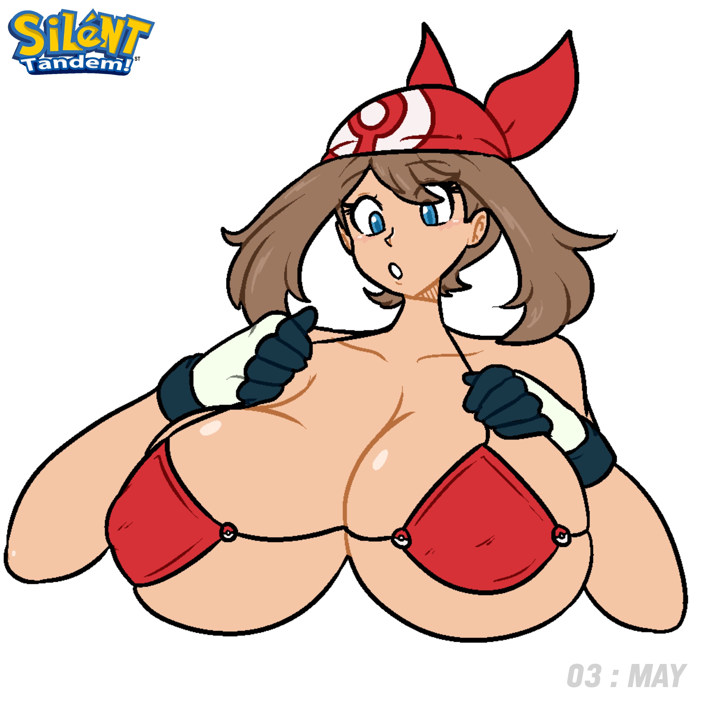 1girls, alternate breast size, bbw, big breasts, bikini, blue eyes, breasts, brown hair, female, female only, hand on breast, huge breasts, large breasts, may (pokemon), pokemon, pokemon rse, silenttandem, solo