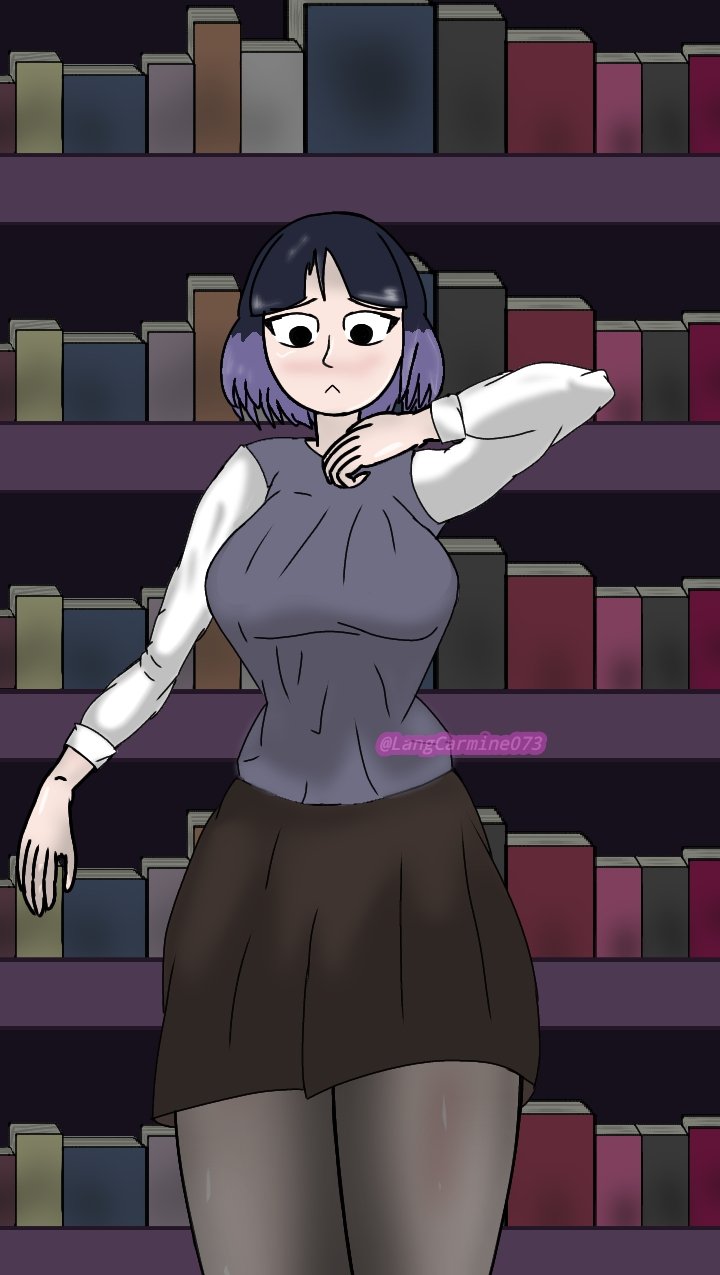 big_breasts black_hair black_legwear black_skirt blush breasts crimsonreaper grey_vest hilda_(series) kaisa_(hilda) large_breasts legwear pantyhose purple_hair shirt short_hair skirt thighs two_tone_hair vest white_shirt wide_hips