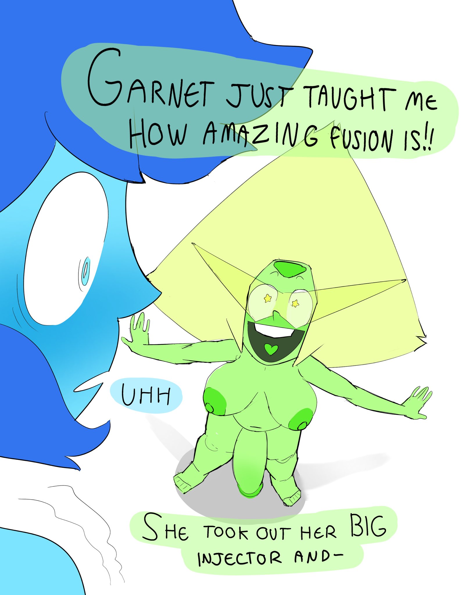 1futa, 1girls, 2023, areolae, balls, blue skin, blush, breasts, comic, comic page, dialogue, english text, erection, excited, female, futa focus, futanari, green skin, huge cock, humanoid, humanoid penis, intersex, lapis lazuli (steven universe), nervous, nipples, nude, oogabutt, penis, peridot (steven universe), shortstack, size difference, smaller futa, solo focus, standing, star eyes, steven universe, text, top down view