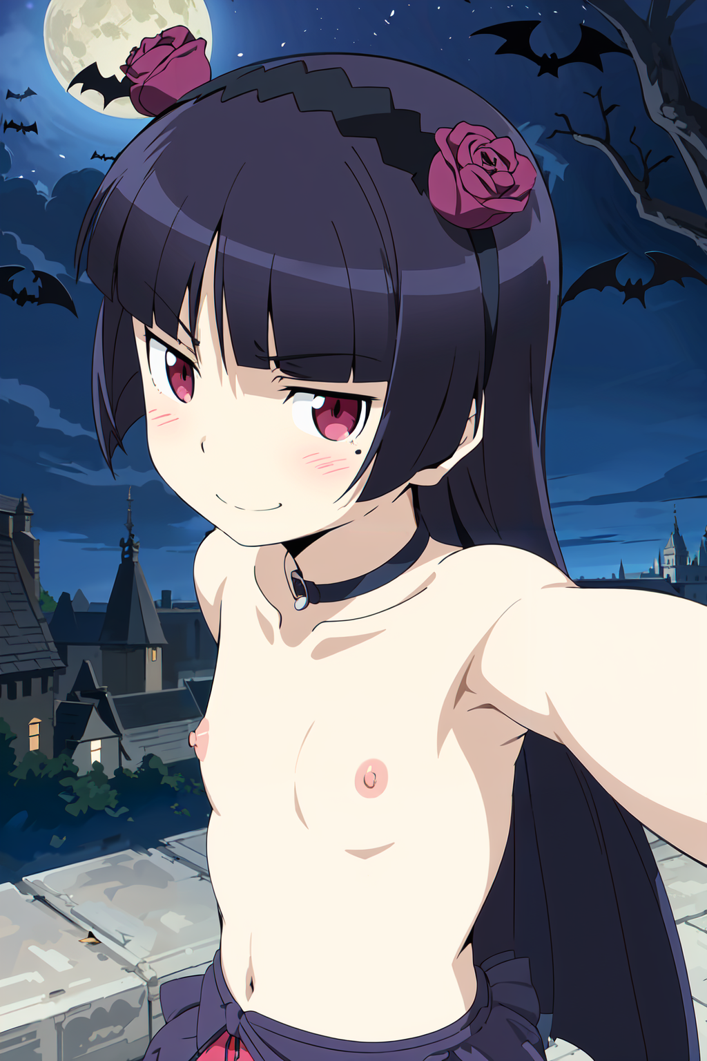 ai_generated black_hair female flat_chest gokou_ruri gothic_lolita long_hair mosquito_bites nipples ore_no_imouto_ga_konna_ni_kawaii_wake_ga_nai red_eyes smile young