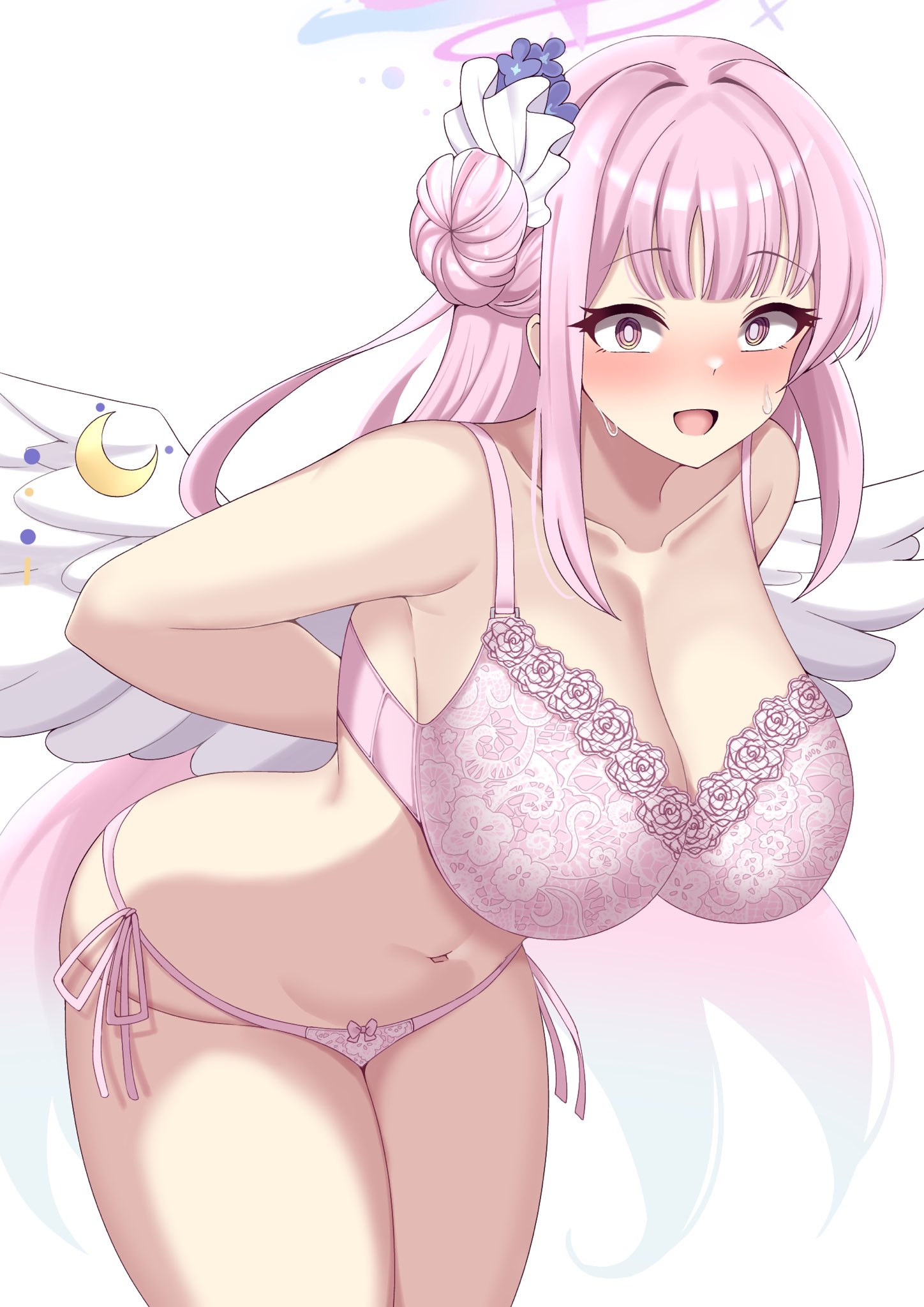 1girls, bent over, blue archive, blush, bra, breasts, brown eyes, clothing, cowboy shot, embarrassed, female, huge breasts, legs together, lingerie, long hair, looking at viewer, matching underwear, mika (blue archive), nanao (naoekaki25), open mouth, panties, pink bra, pink lingerie, pink panties, tagme (artist), tea party (blue archive), thick thighs, trinity general school student, undressing, wide eyed, wide hips