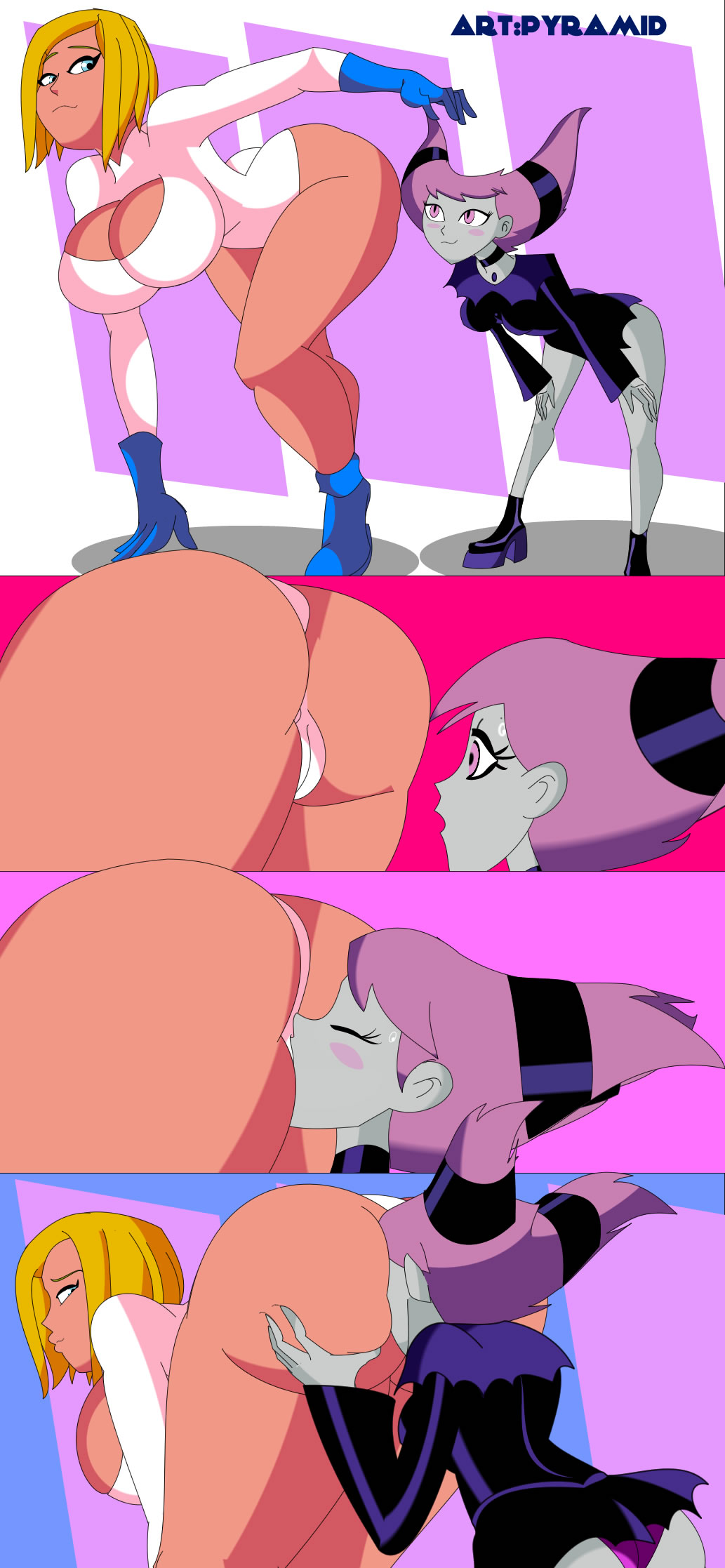 2girls age_difference all_fours big_ass big_breasts closed_eyes dc dc_comics face_in_ass female female_only hand_on_ass jinx_(dc) legs looking_back mature_female multiple_girls panties pink_hair power_girl pussylicking pyramid_(artist) teen_titans yellow_hair young_girl yuri