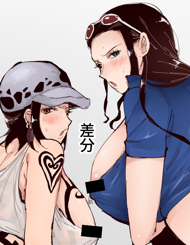 2girls :o annoyed arm_tattoo back_tattoo bar_censor blue_eyes blush breast_tattoo breasts canon_genderswap censored earrings female female_only genderswap_(mtf) hat huge_breasts jewelry lawtakusan long_hair looking_at_viewer multiple_girls nico_robin nipples one_piece one_piece:_egghead_arc open_mouth post-timeskip rule_63 shiku_shiku_no_mi short_hair shoulder_tattoo sunglasses sunglasses_on_head sweat tattoo trafalgar_law trafalgar_law_(female) yellow_eyes