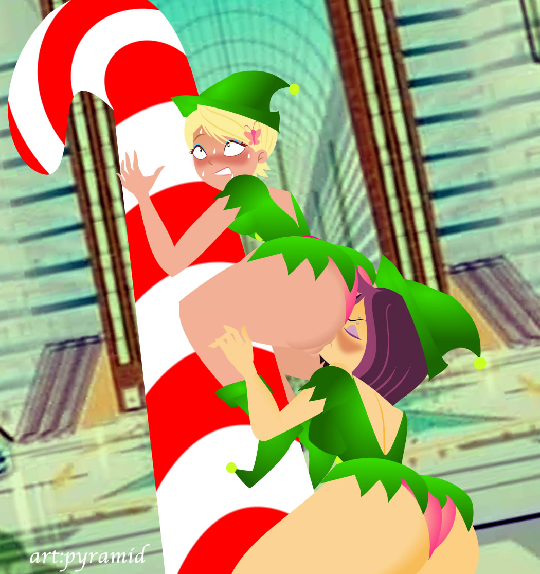 6teen caitlin_cooke candy carrying christmas closed_eyes cosplay_elf facesitting hand_on_ass nikki_wong pussylicking pyramid_(artist) sweat thong_bikini yuri